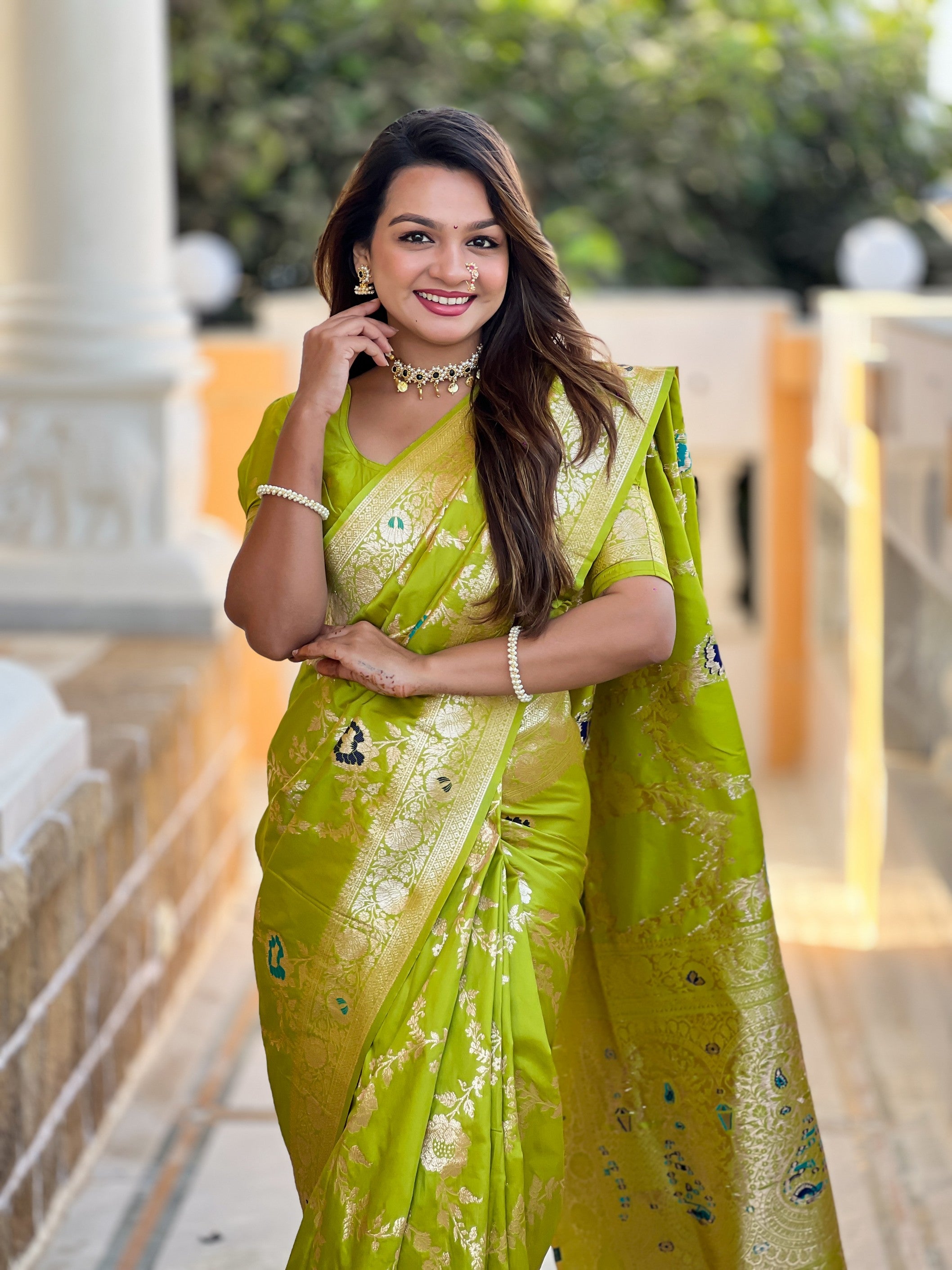 Parrot Green Banarasi Silk Saree With Traditional Woven Meenakari Designer Traditional Looks