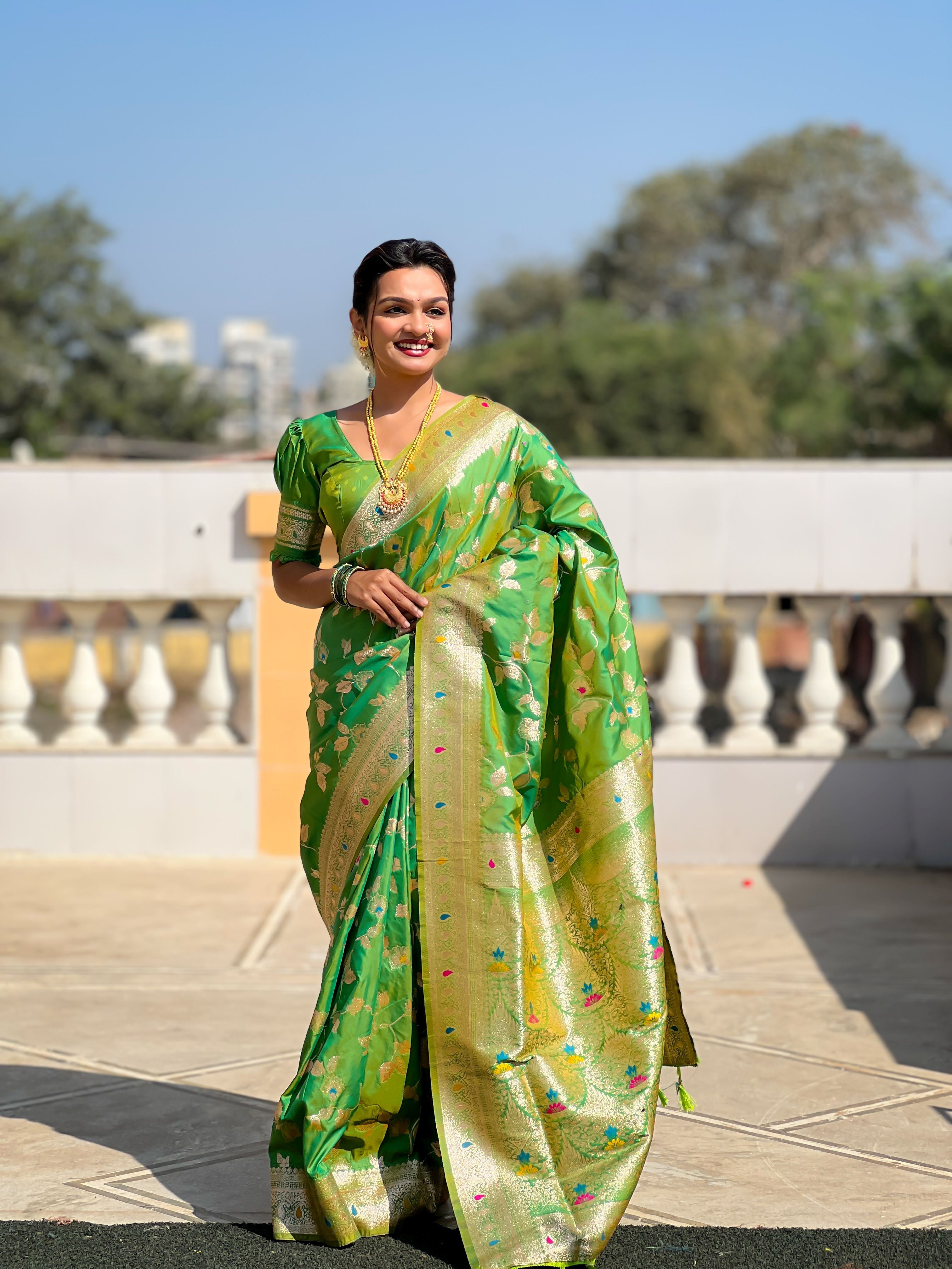 Parrot Green Banarasi Silk Woven Jacquard Designer Ceremonial Partywear Saree