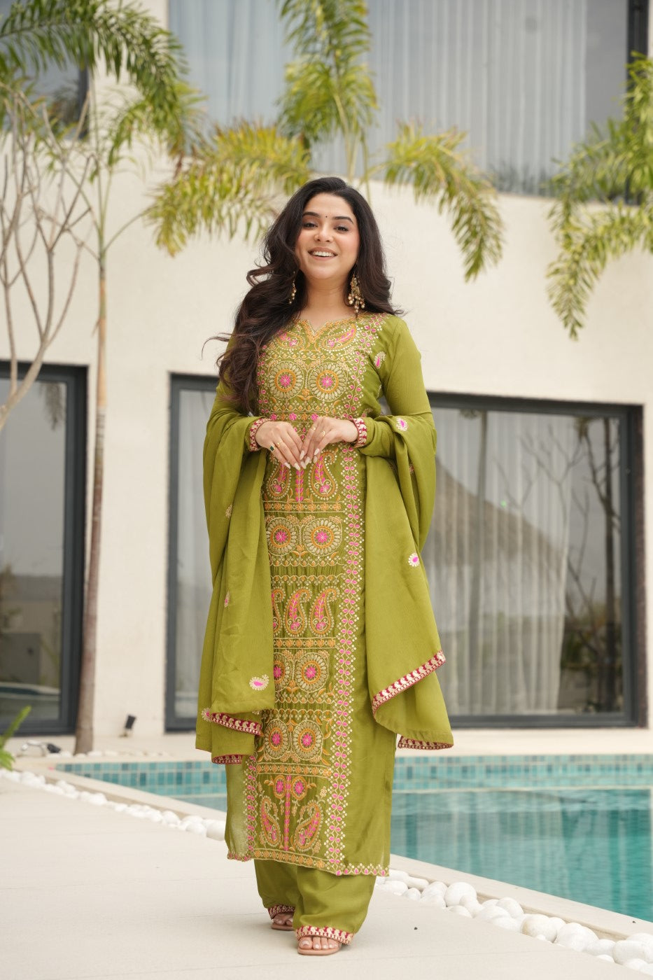 Parrot Green Chinon Designer Suit Set With Zari Mukaish Thread Embroidery