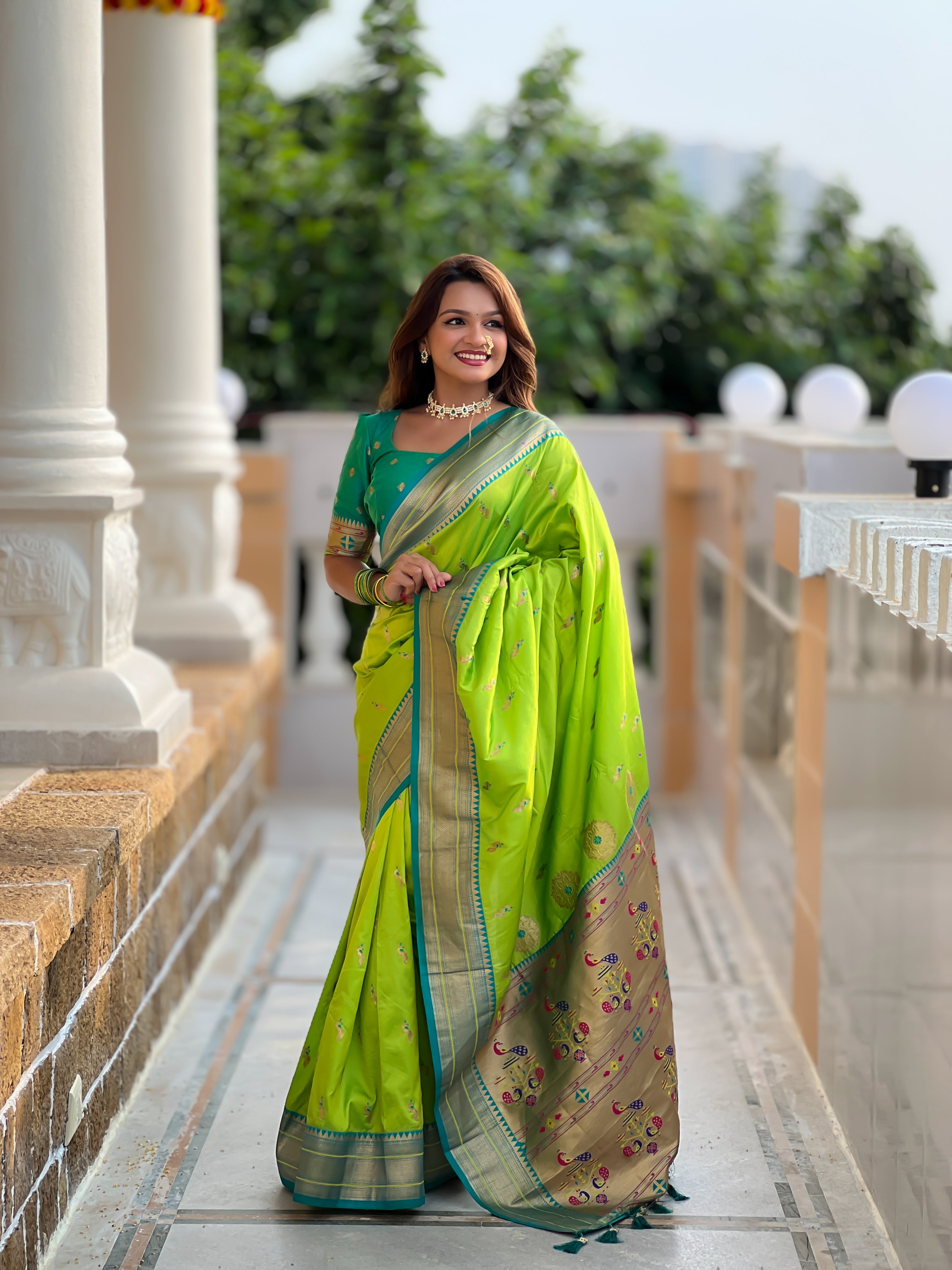Parrot Green Ethnic Paithani Silk Woven Jacquard Designer Ceremonial Fancy Saree