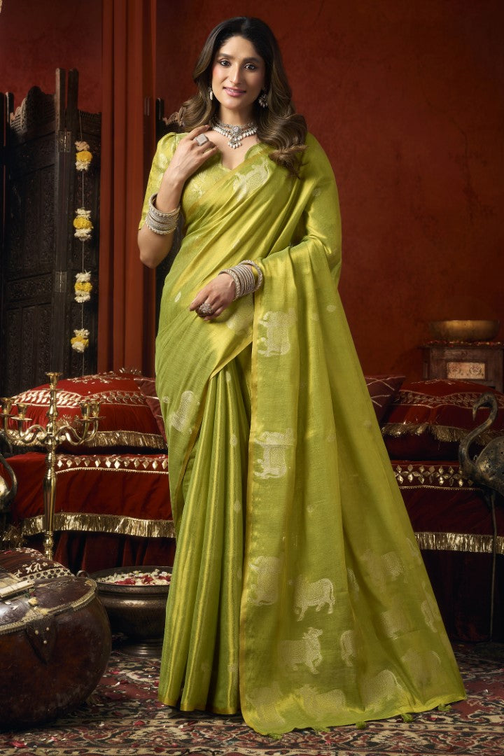 Parrot Green Heavy Tissue Saree with Rich Woven Butta Work