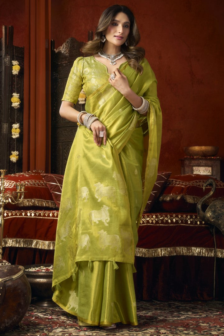 Parrot Green Heavy Tissue Saree with Rich Woven Butta Work