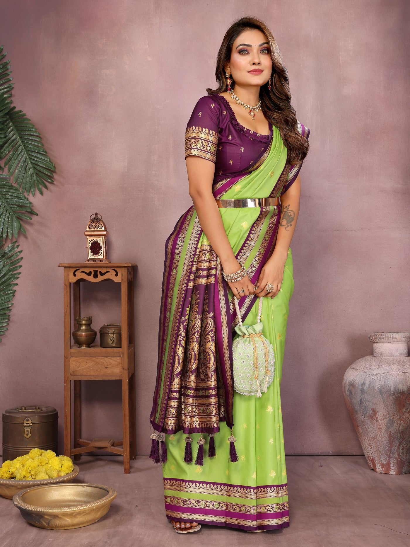 Parrot Green Kalamkari Silk Saree With Traditional Weaving