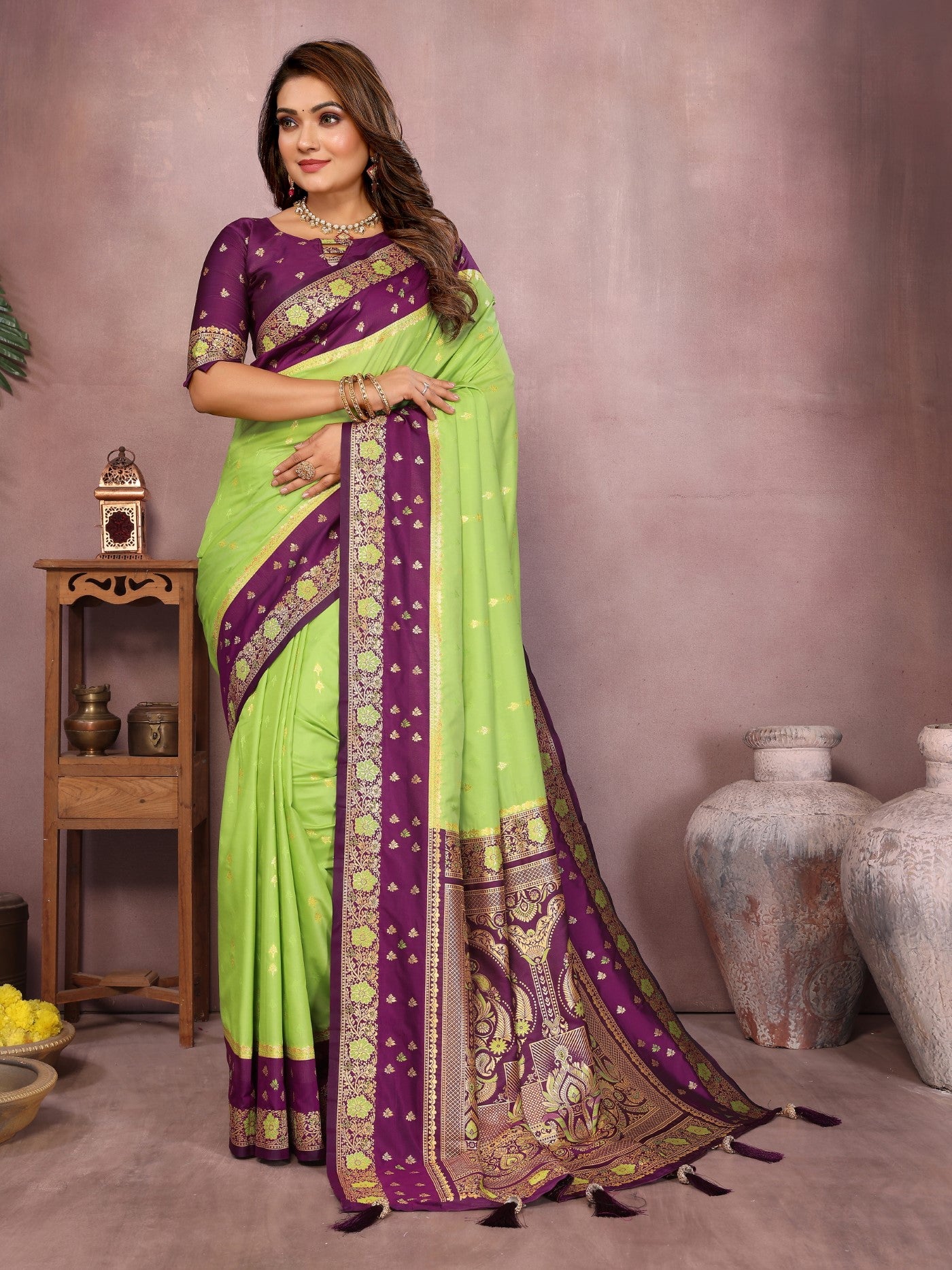 Parrot Green Kalamkari Silk Saree With Zari Woven