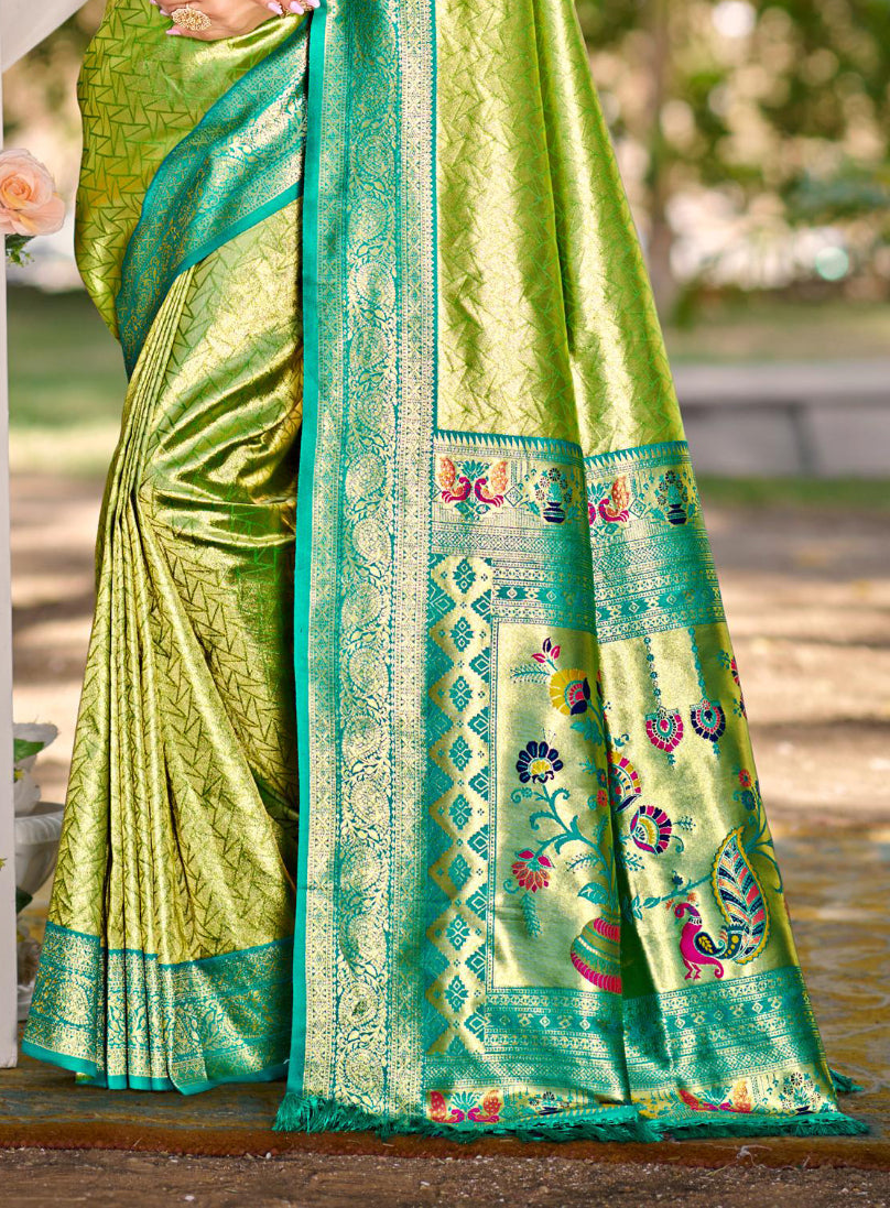 Parrot Green Kanjivaram Silk Saree With Classic Drape and Refined Beauty