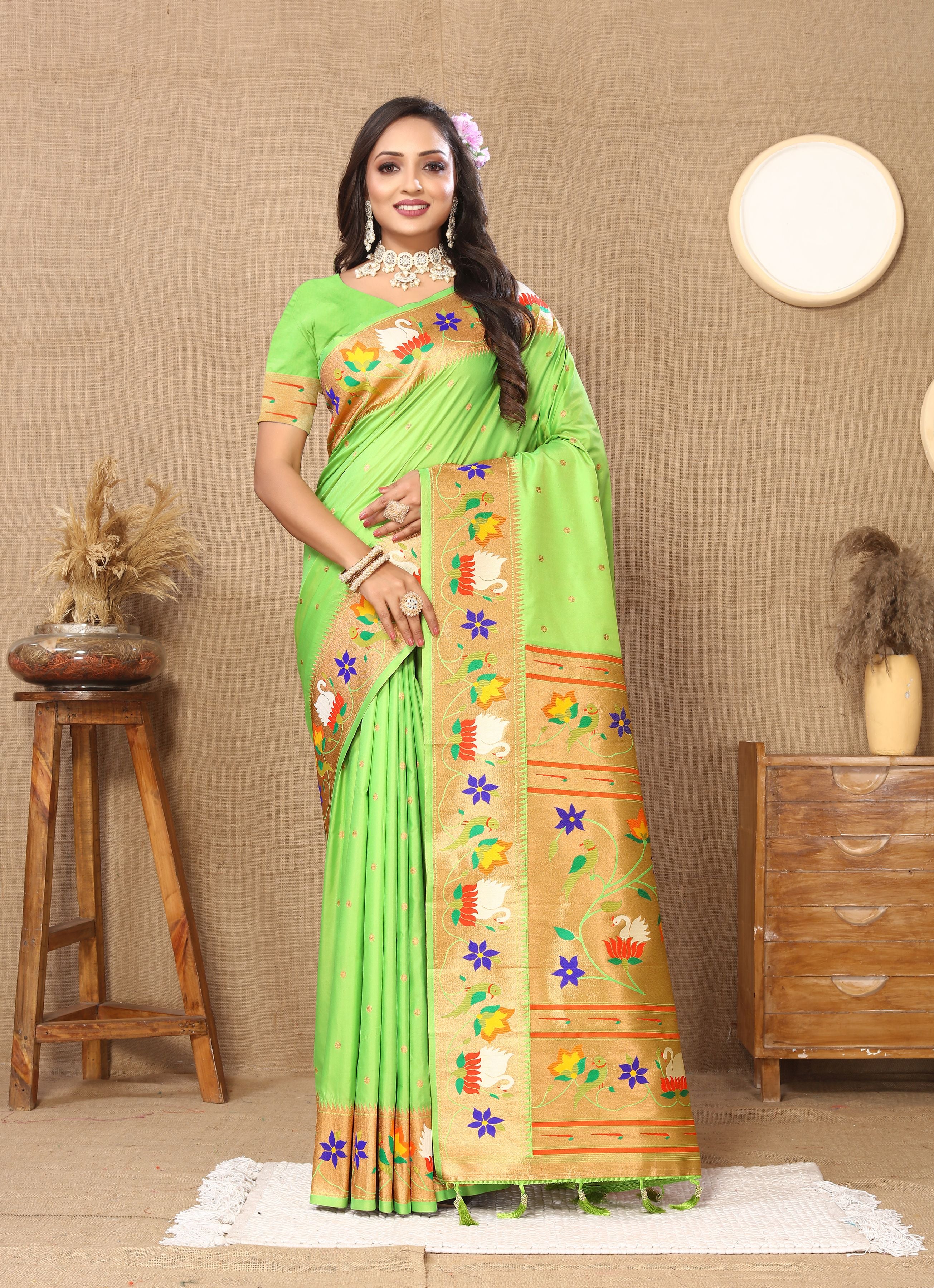 Parrot Green Paithani Silk Woven Meenakari Paithani Designer Ethnic Heavy Looks Saree