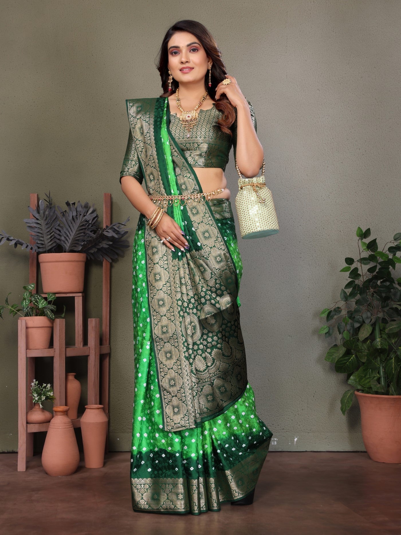 Parrot Green Satin Silk Saree With Classic Bandhej Zari Weaving