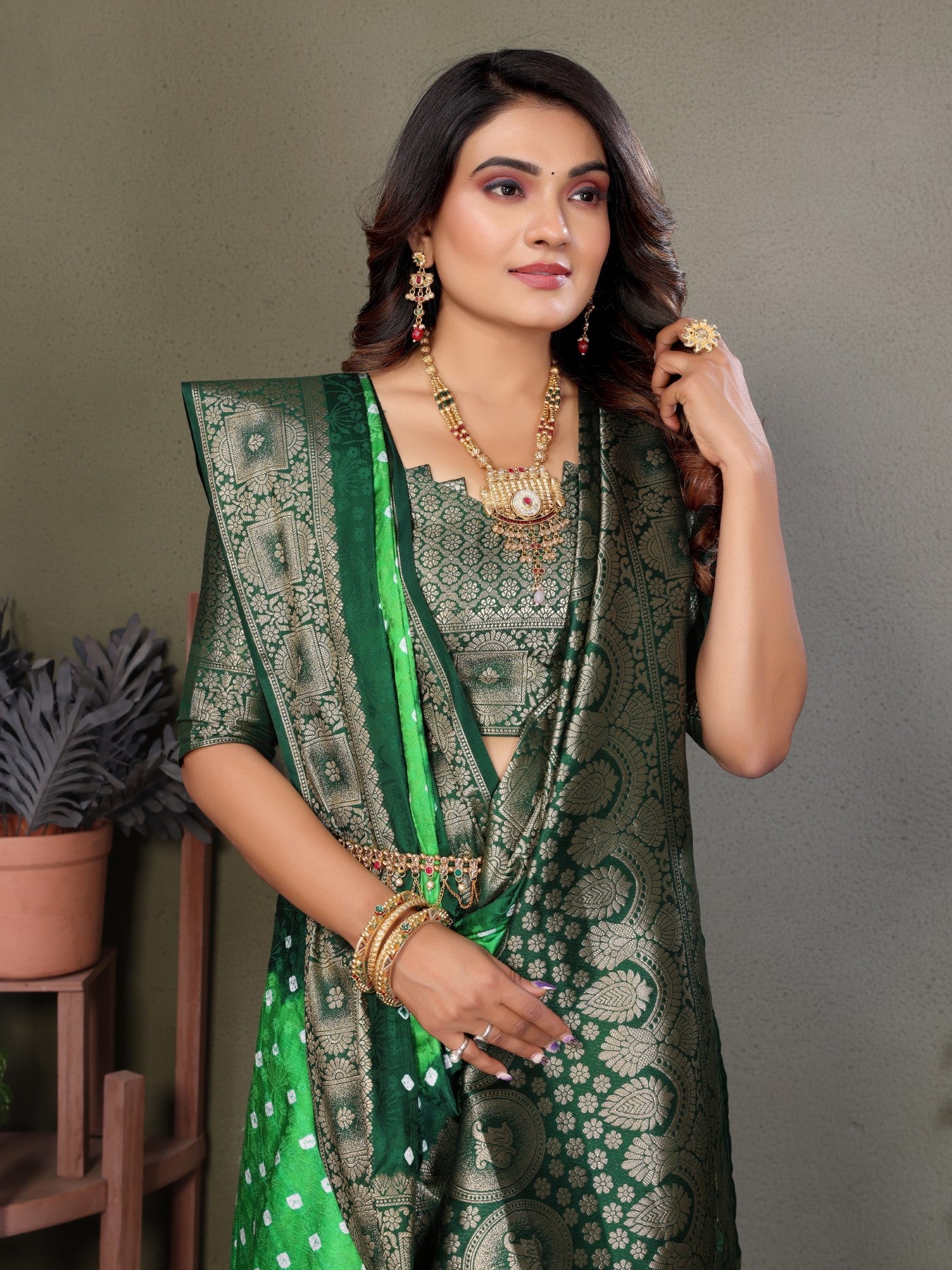 Parrot Green Satin Silk Saree With Classic Bandhej Zari Weaving