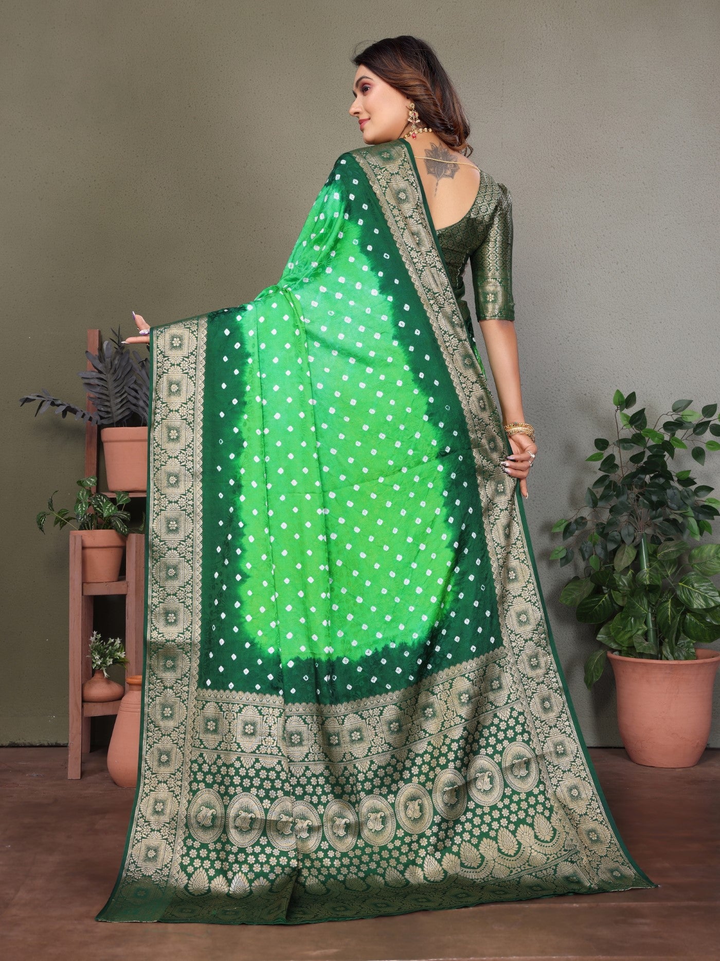 Parrot Green Satin Silk Saree With Classic Bandhej Zari Weaving