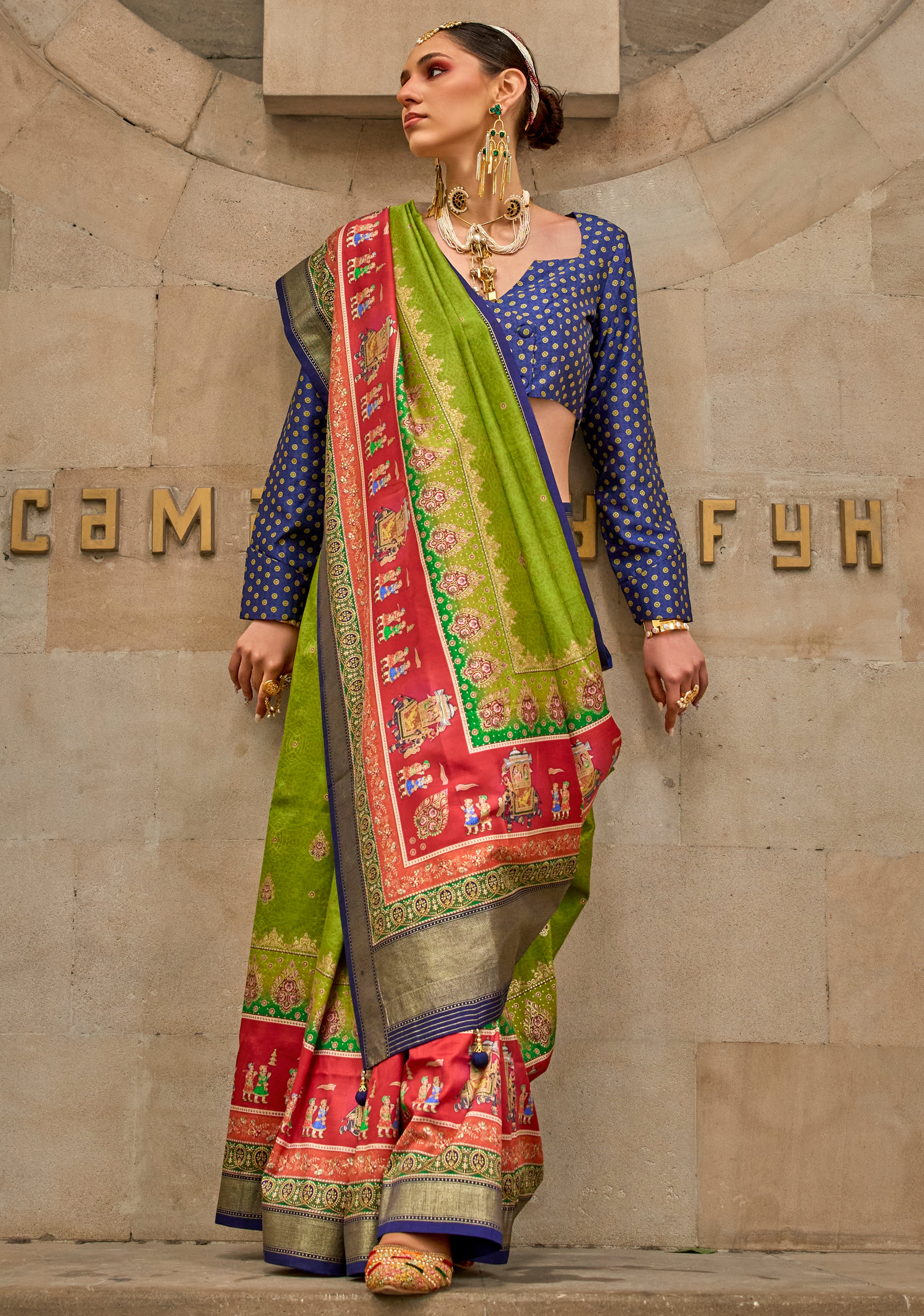 Parrot Green Silk Saree With Foil Print