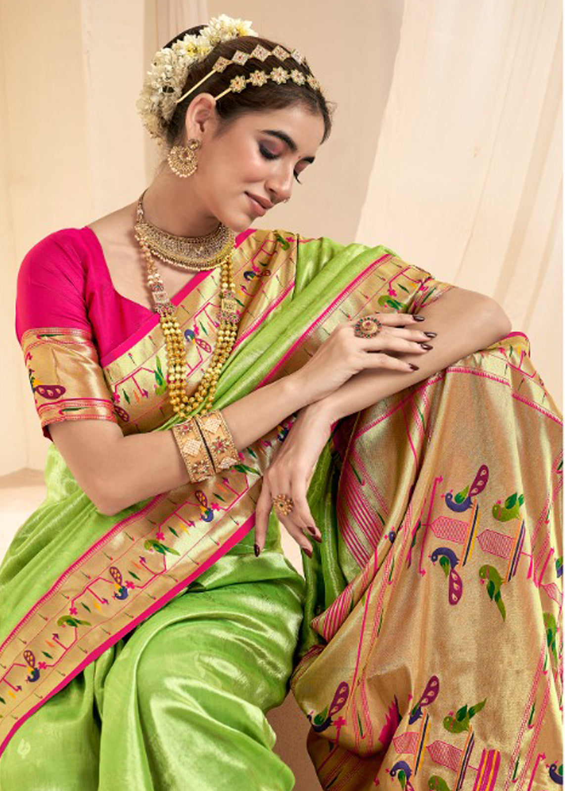 Parrot Green Silk Saree With Jacquard Woven Work