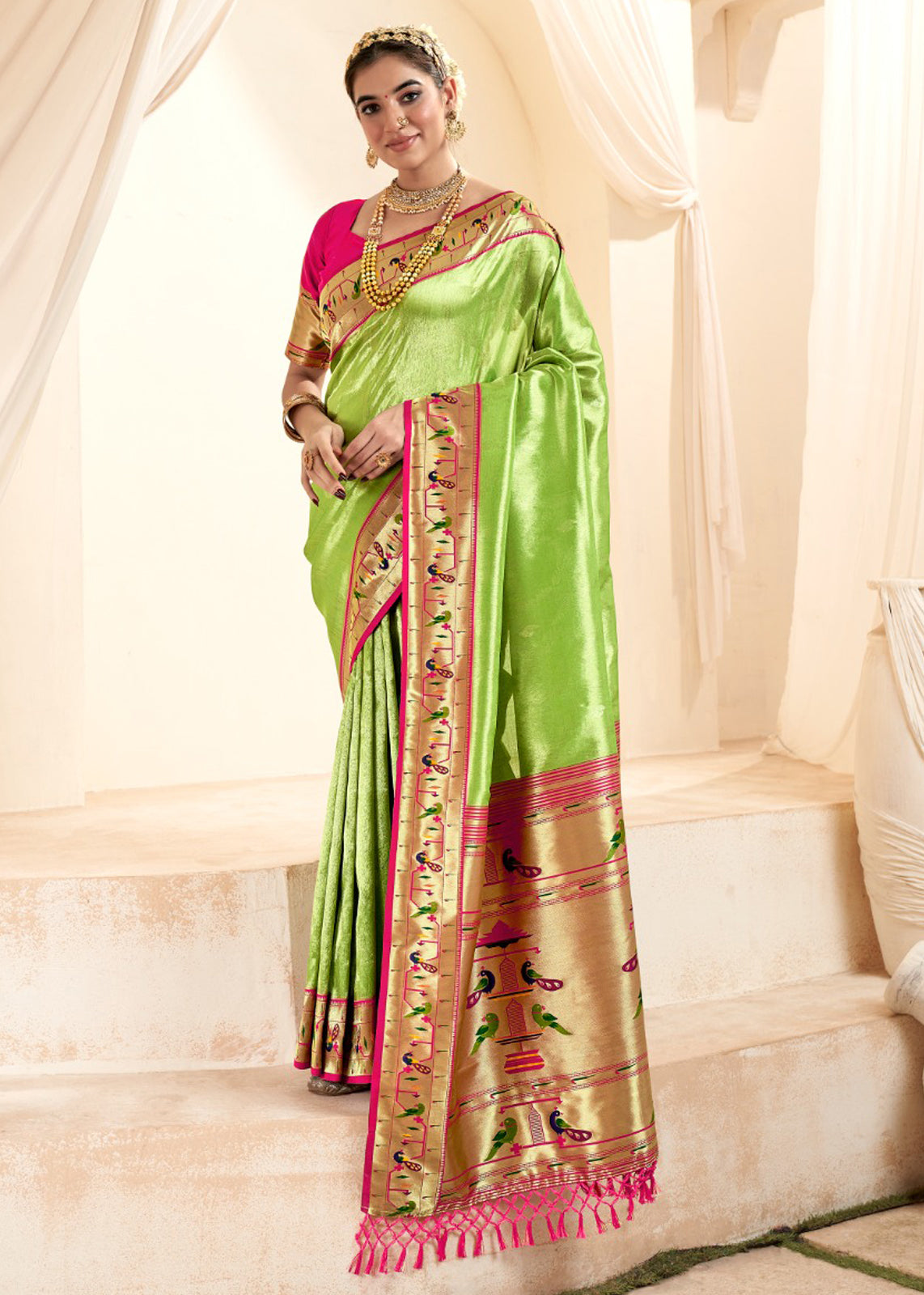 Parrot Green Silk Saree With Jacquard Woven Work