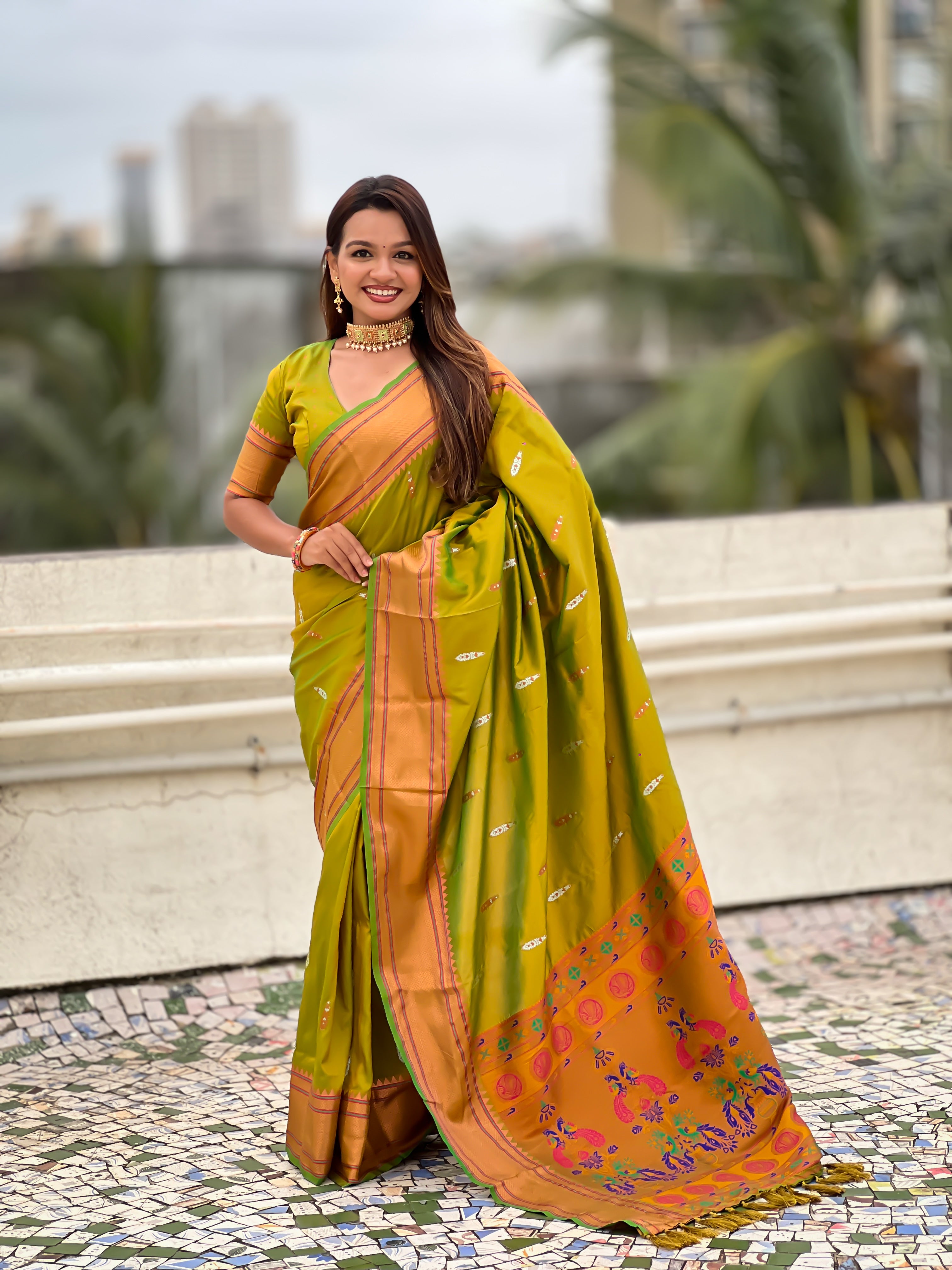 Parrot Green Soft Silk Woven Meenakari Designer Rich Looks Saree