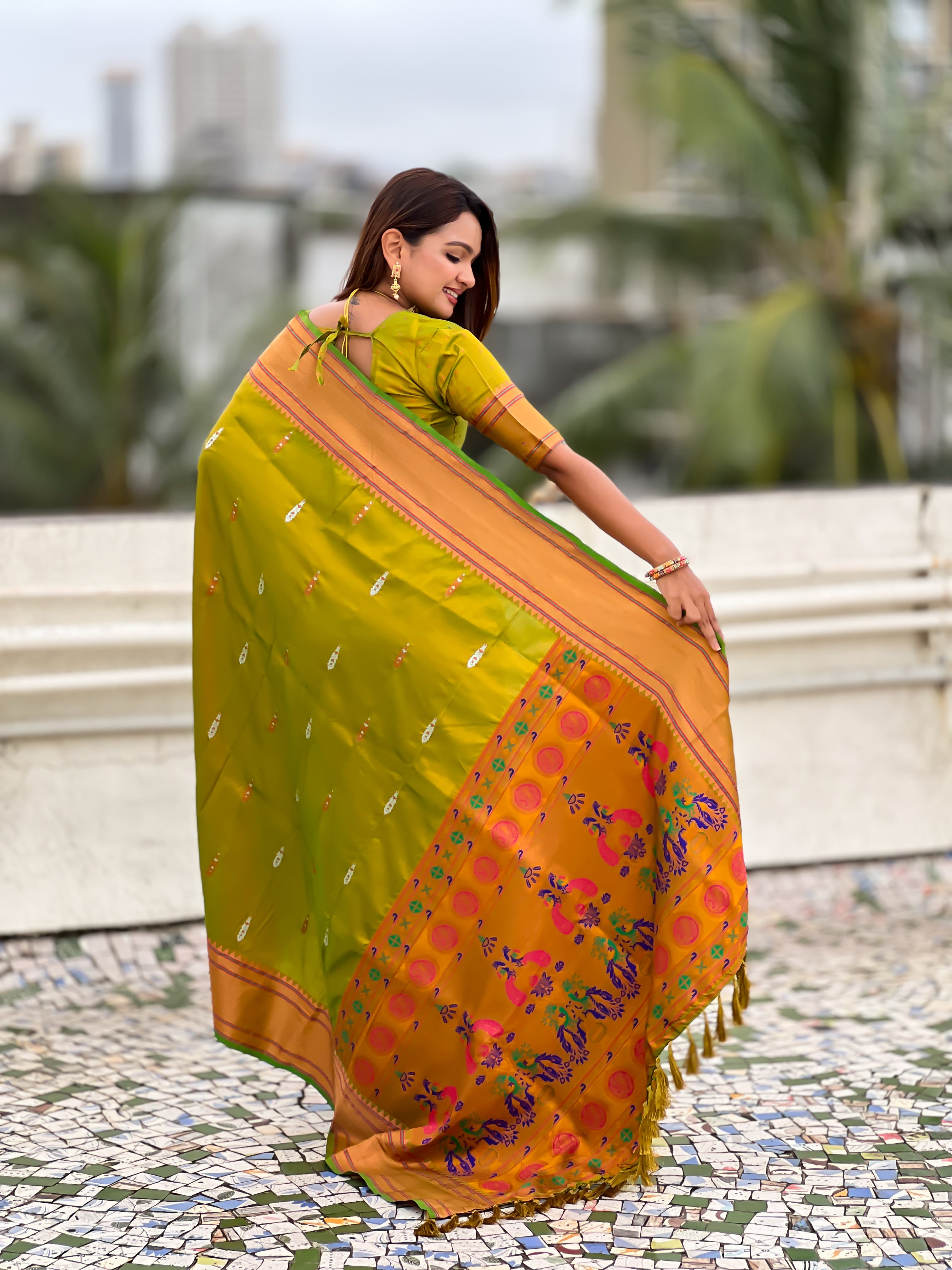 Parrot Green Soft Silk Woven Meenakari Designer Rich Looks Saree