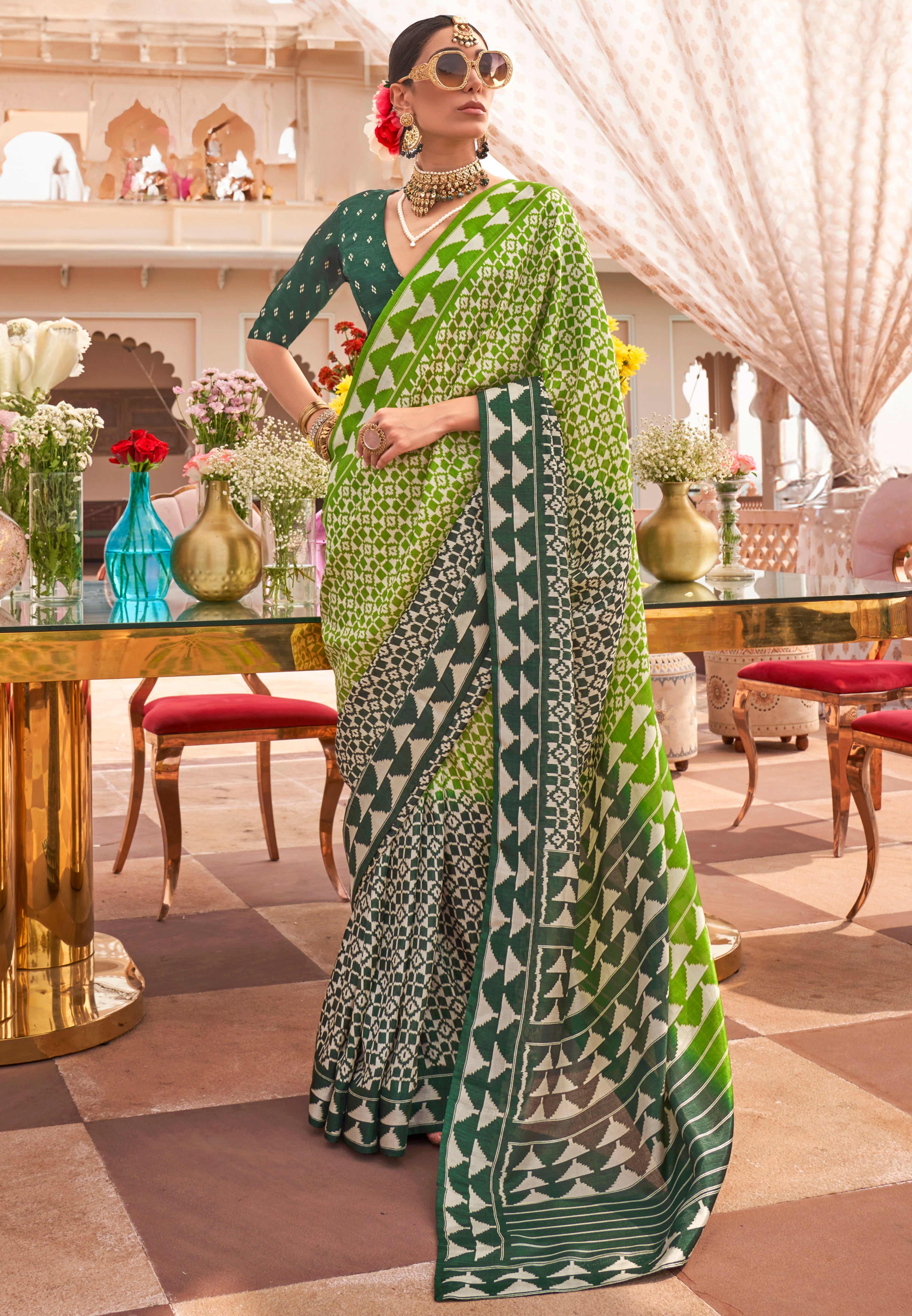 Parrot Green & Dark Green Silk Saree With Patola Print