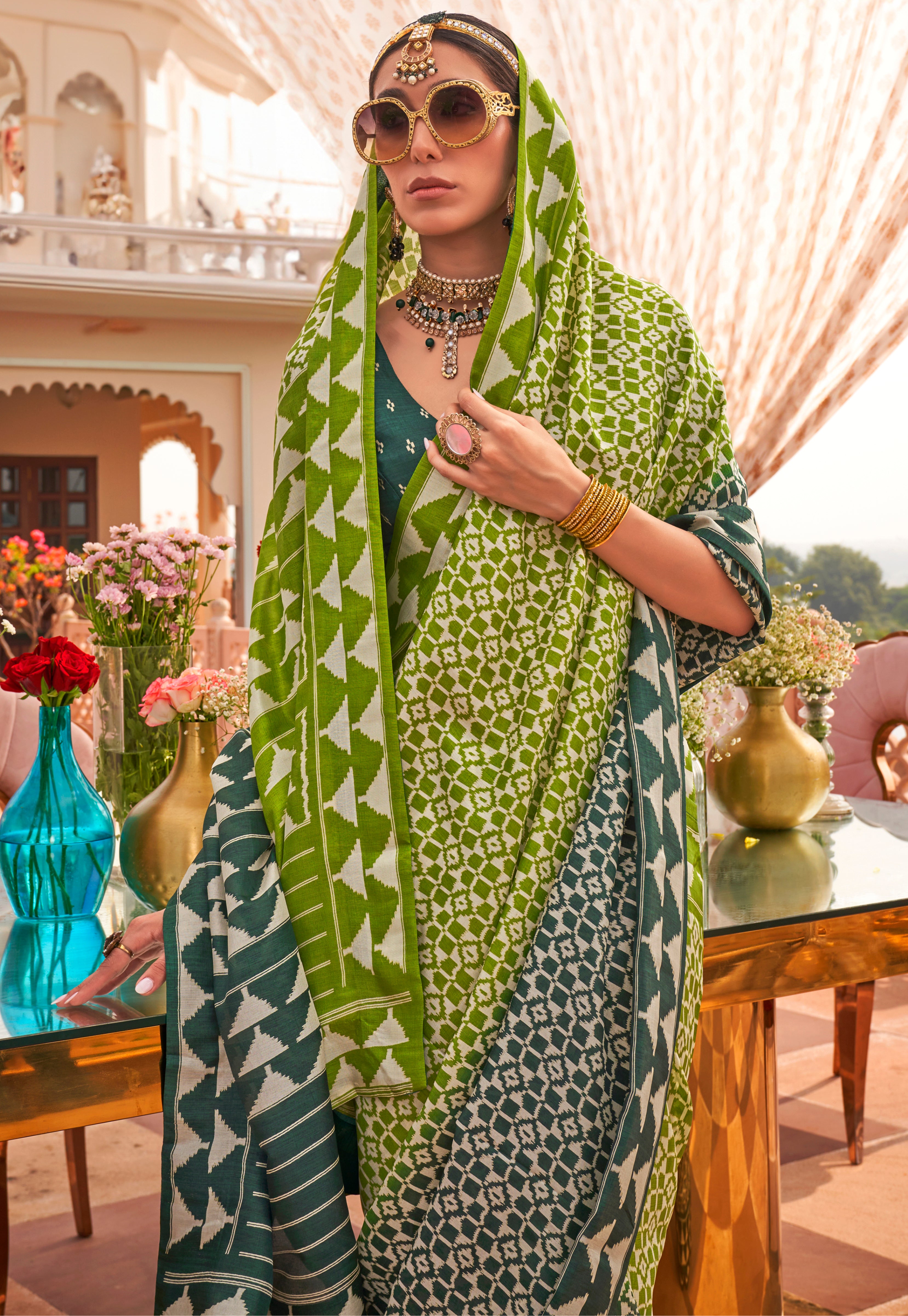 Parrot Green & Dark Green Silk Saree With Patola Print