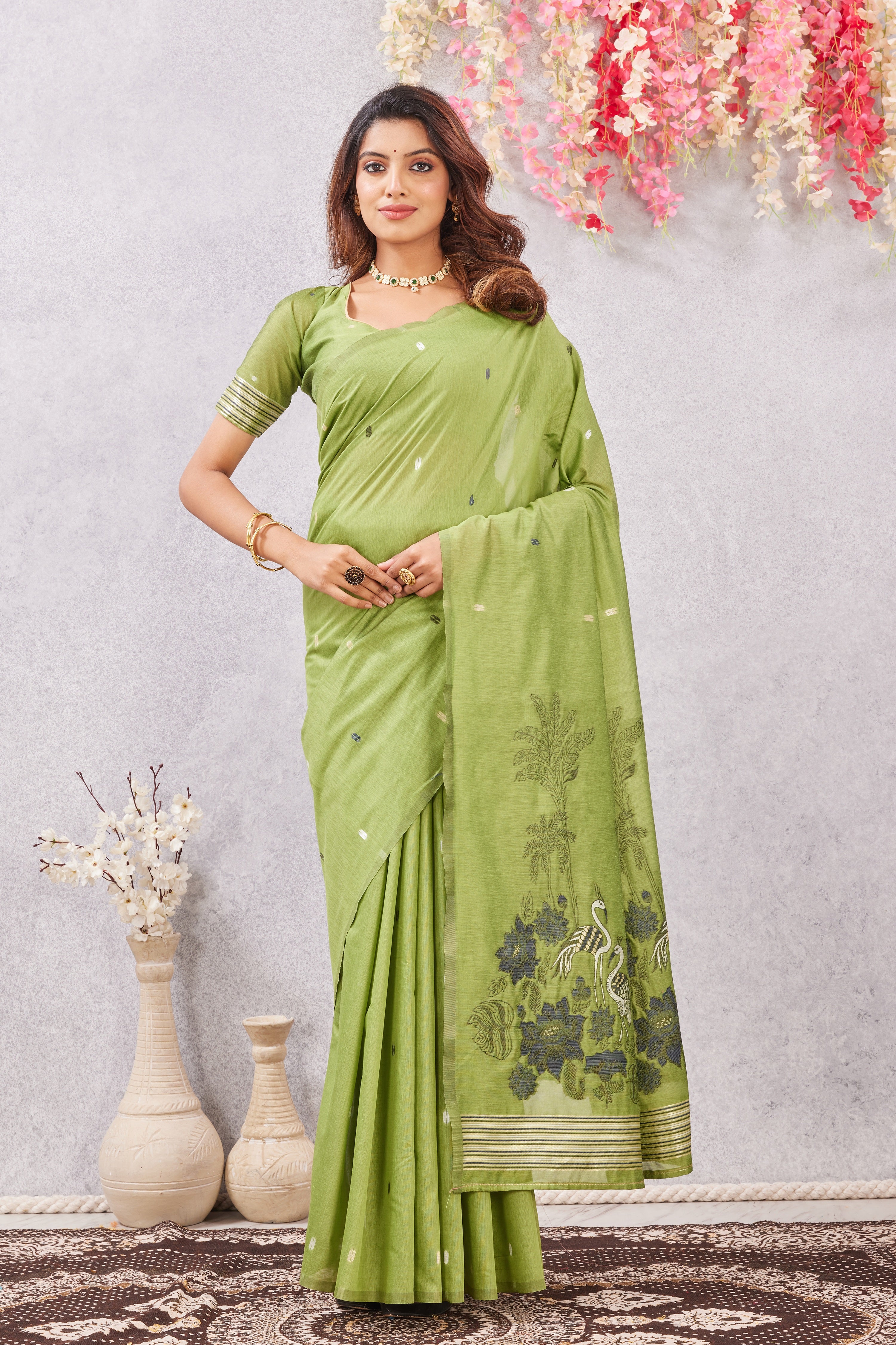 Parrot Linen Cotton Saree with Ethnic Motif Design & Rich Jacquard Pallu