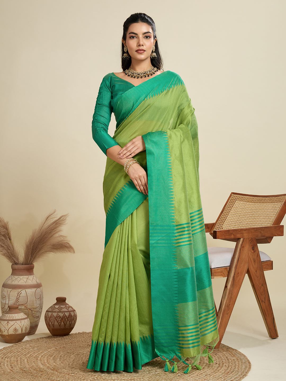 Parrot Raw Silk Saree with Temple Border and Striped Pallu