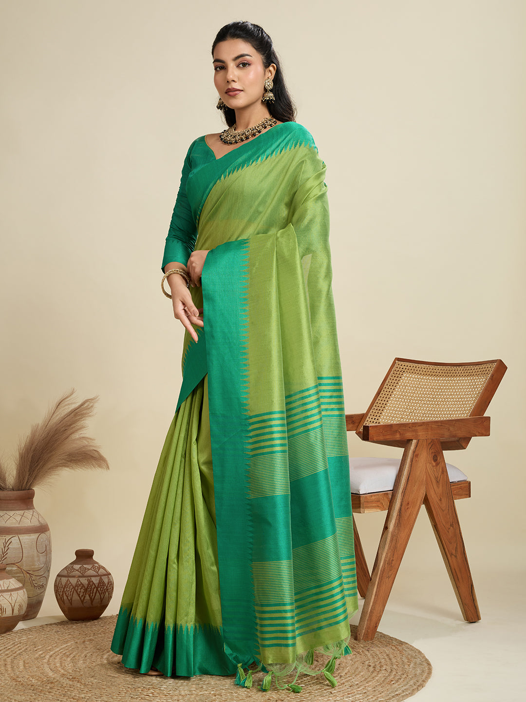 Parrot Raw Silk Saree with Temple Border and Striped Pallu