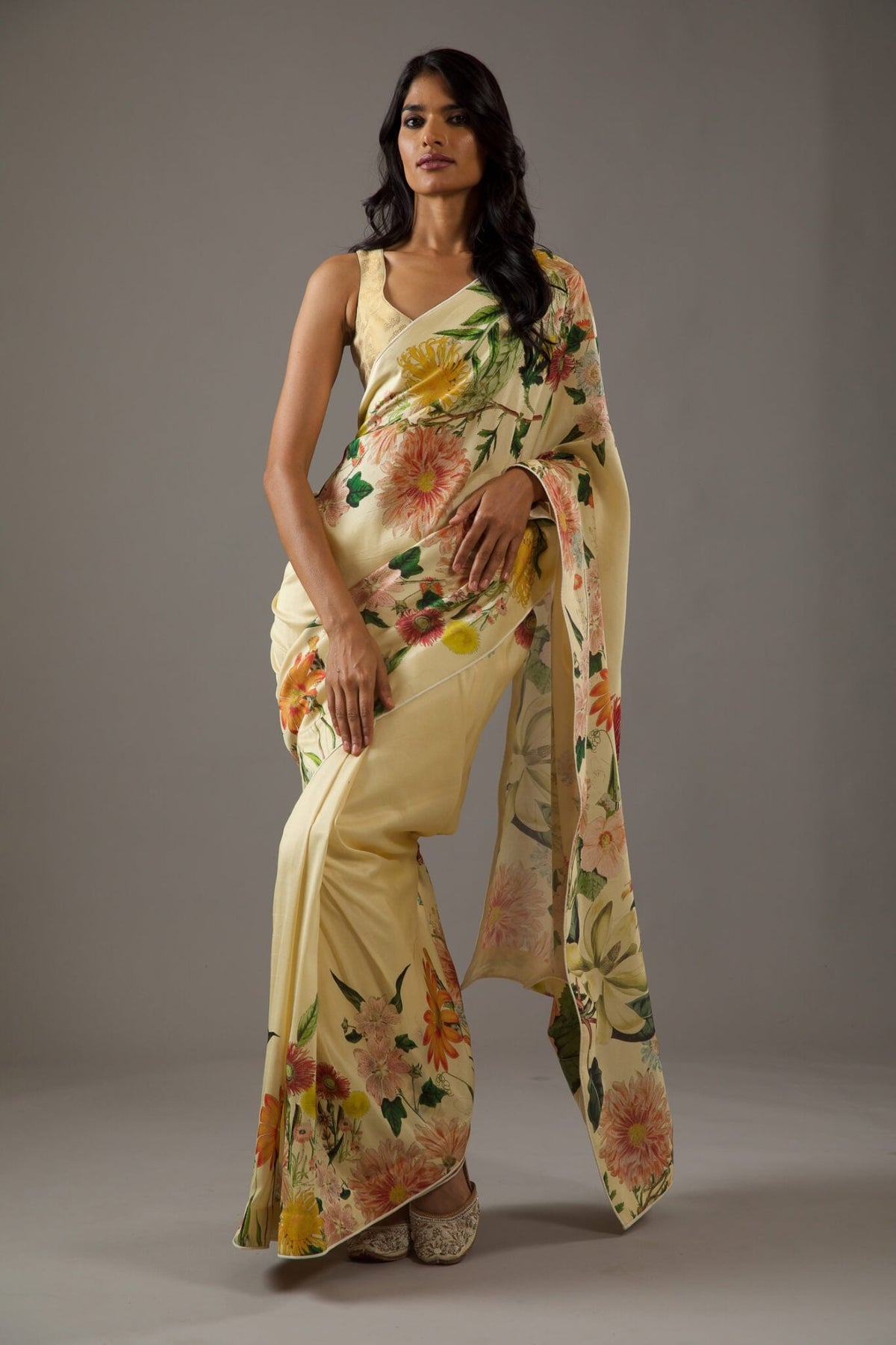 Pastel Bright Moss Saree With Printed