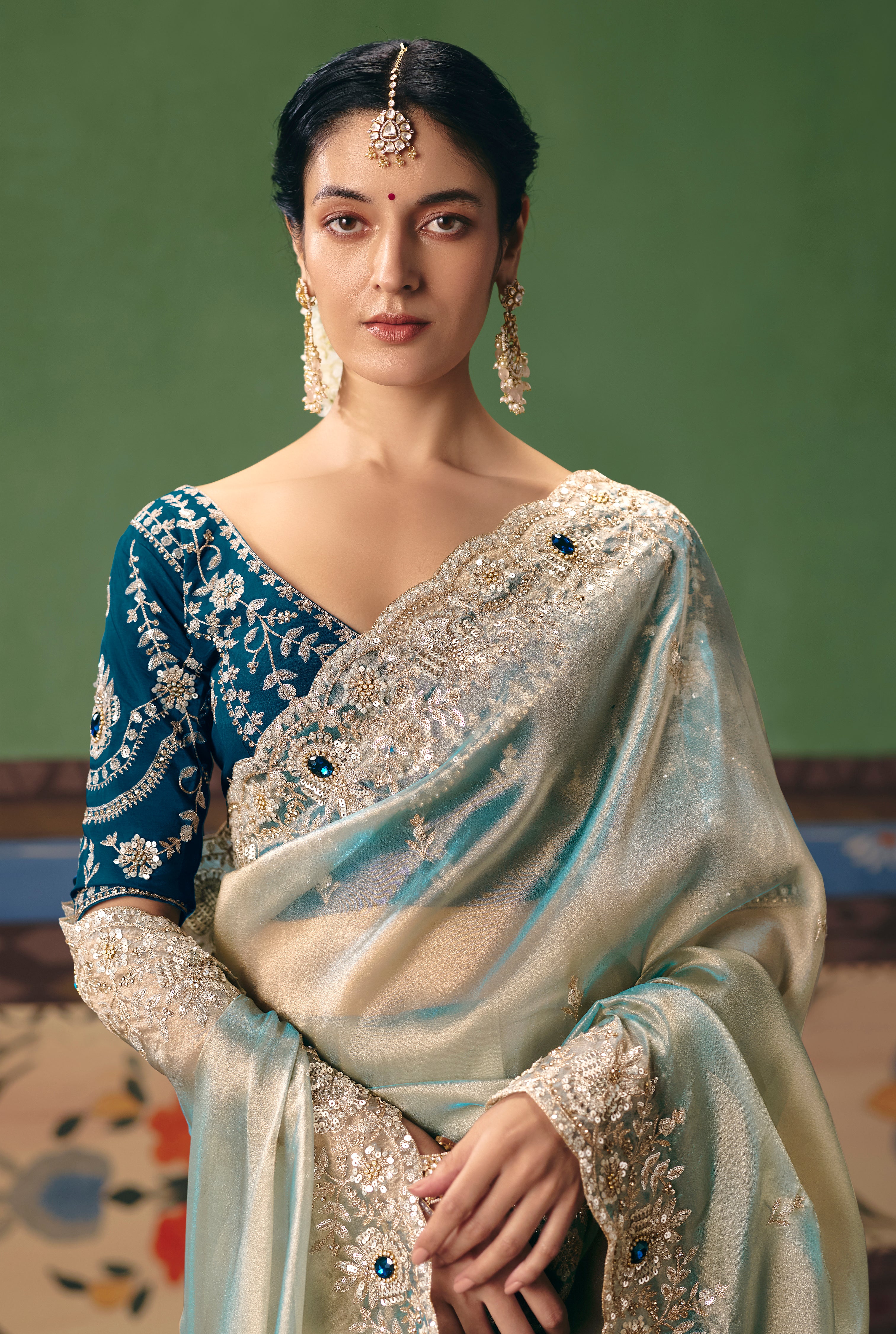 Pastel Mint Saree With Heavy Designer Embroidery, Sequince, Stone, Pearl With Beads Work