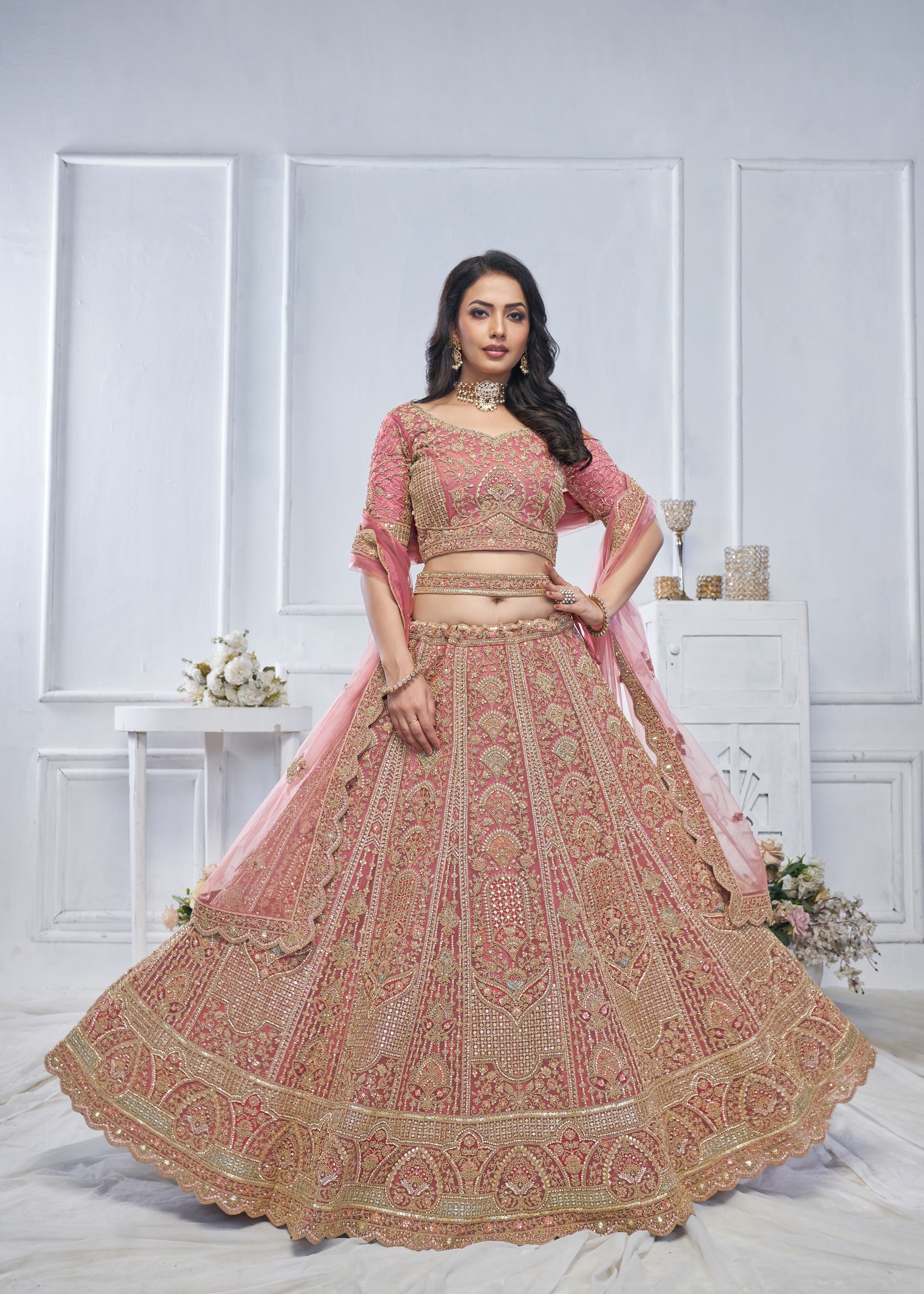 Pastel Onion Embroidered Bridal Lehenga