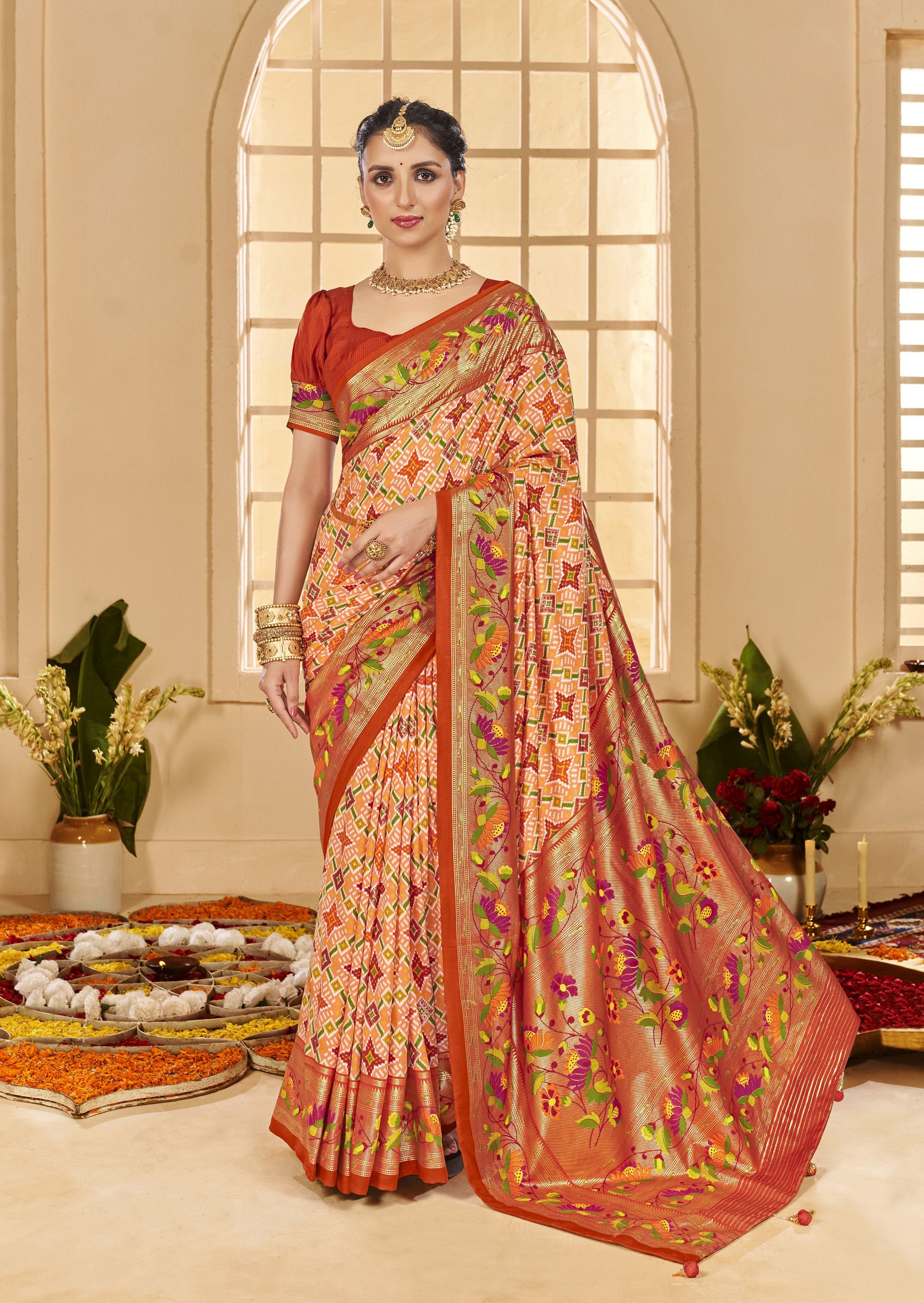 Pastel Orange Ethnic Woven Border Designer With Ikkat Printed Cotton Silk Saree