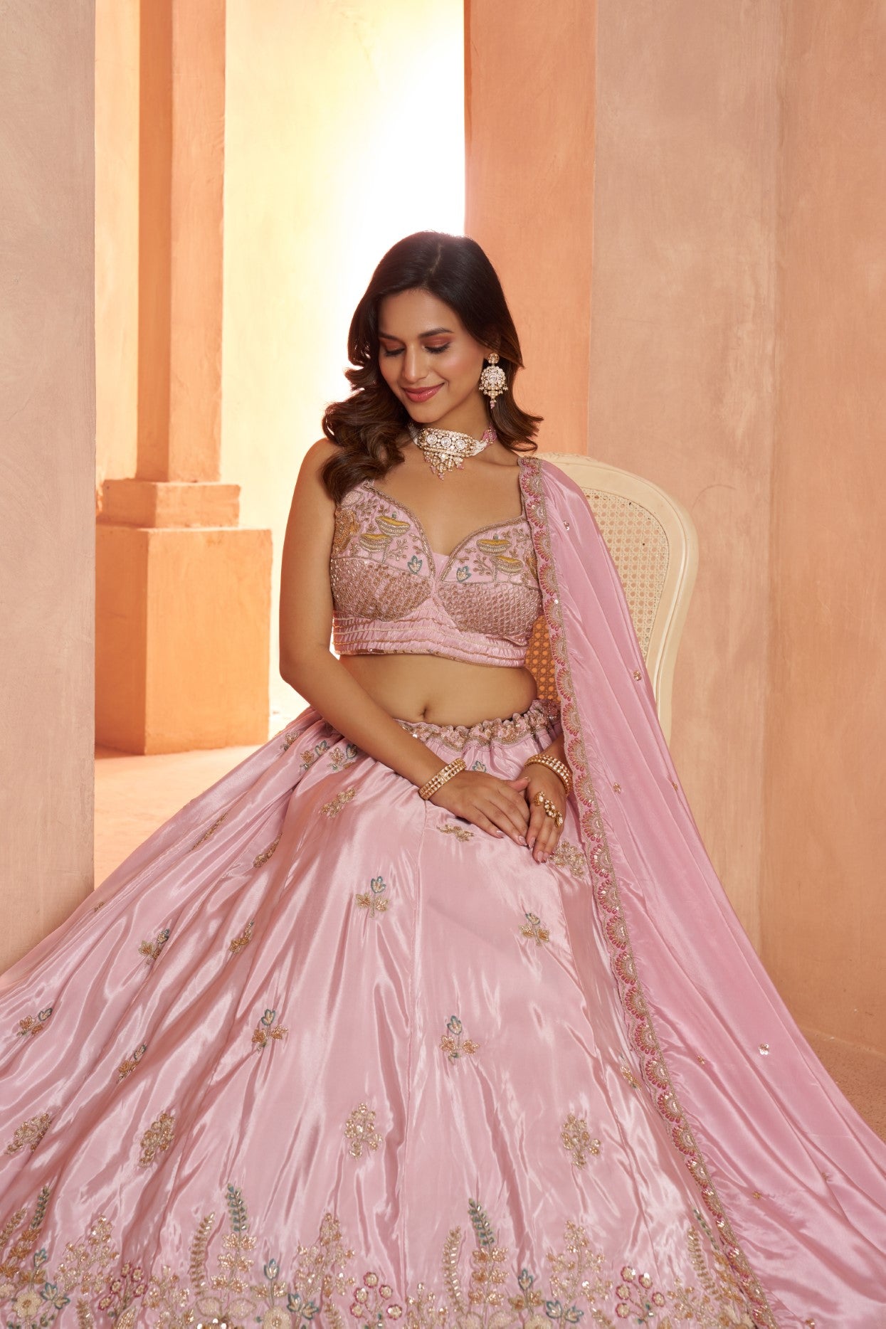 Pastel Pink HO Silk Floral Embroidered Designer Lehenga Set