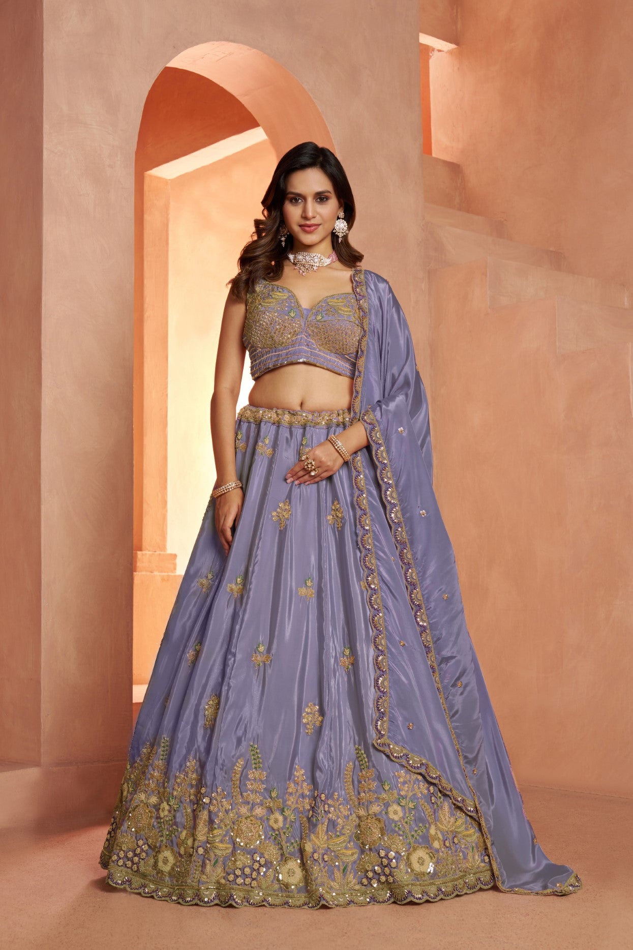 Pastel Purple HO Silk Floral Embroidered Designer Lehenga Set