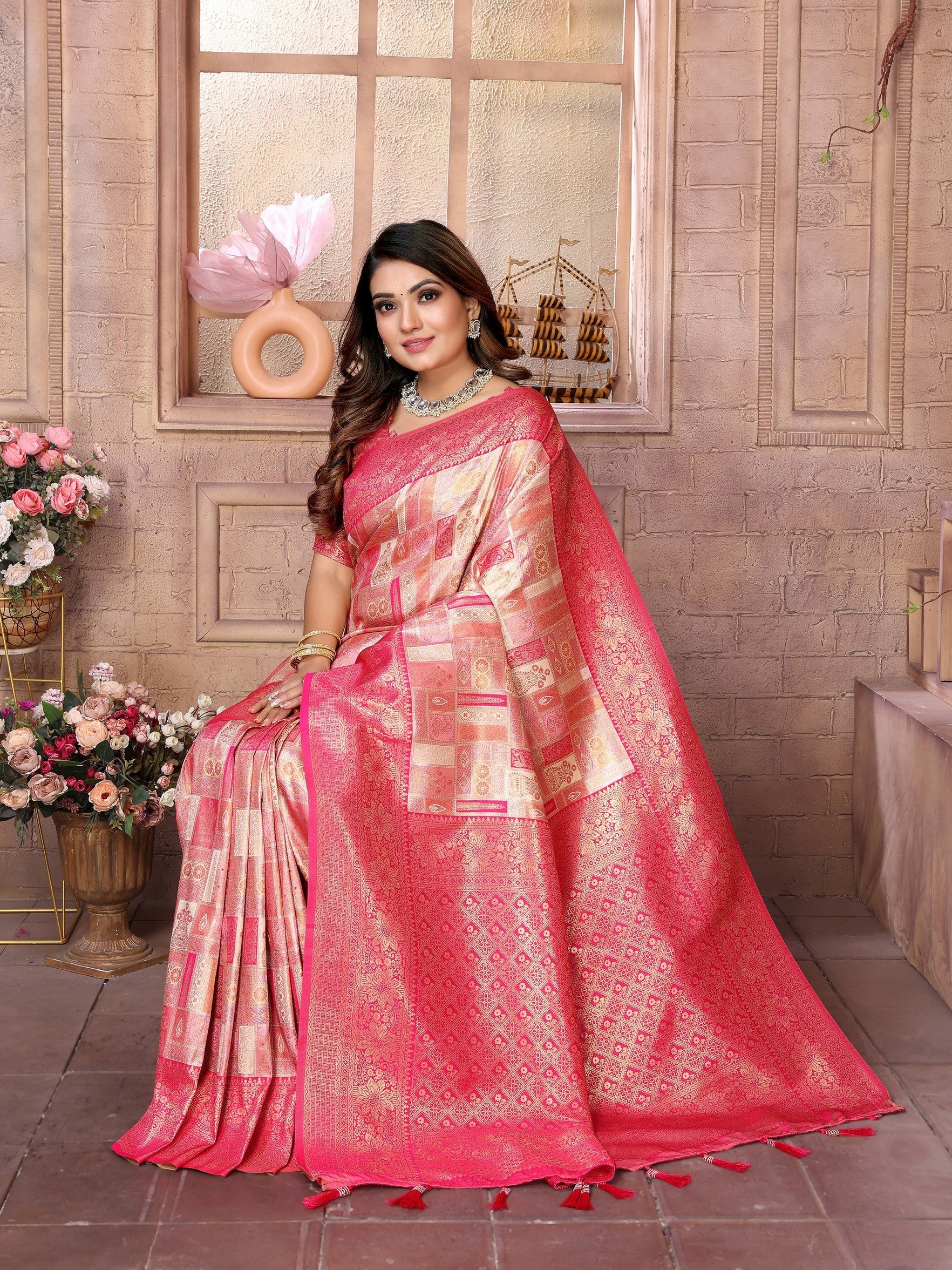 Peach Banarasi Chaturi Silk Ethnic Saree With Chaturi Woven Designer Work