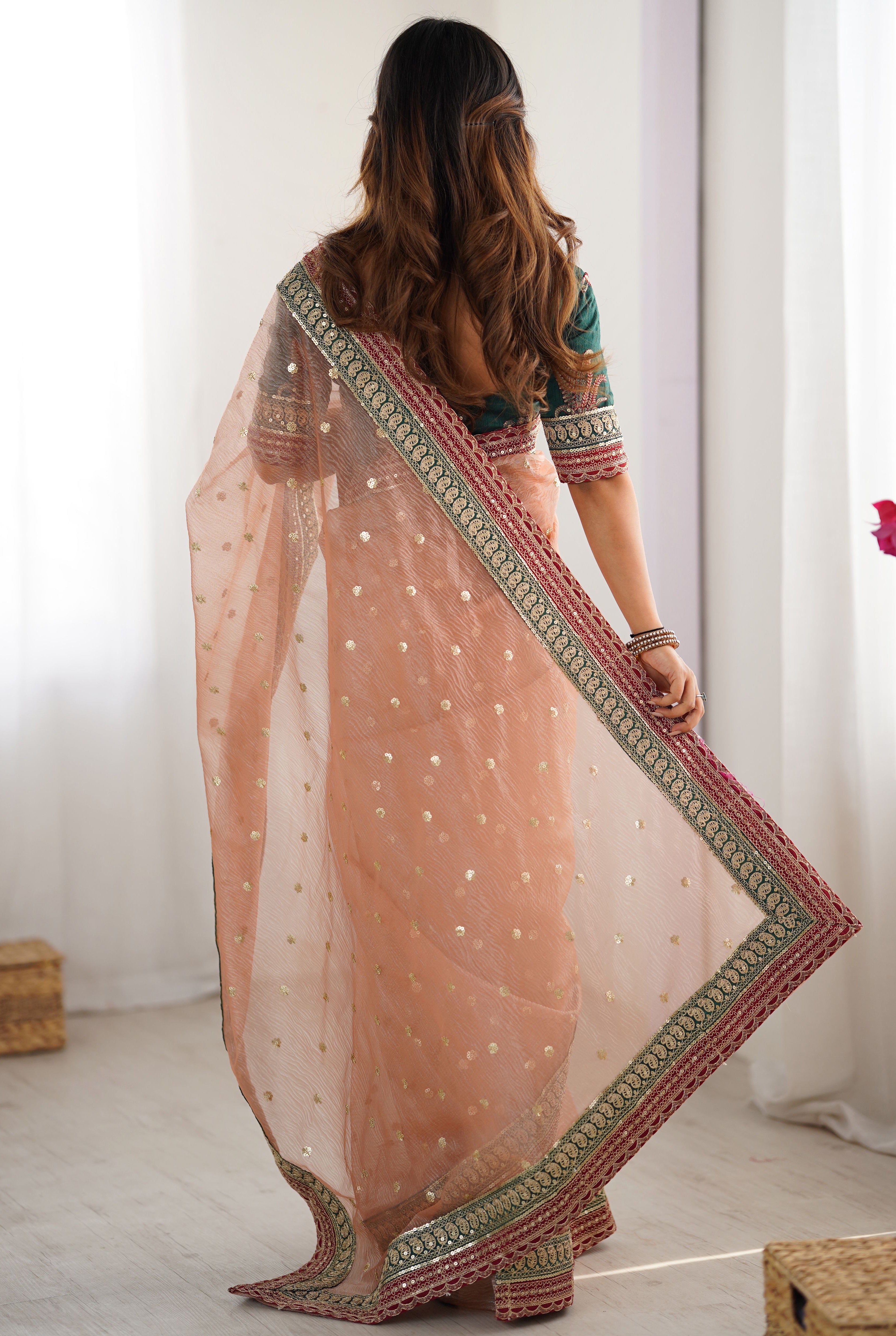 Peach Banarasi Crush Saree with Coding & Sequins Embroidery Work