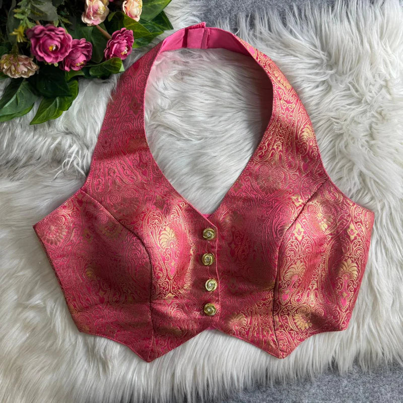 Peach Banarasi Jacquard Silk Halter Neck Blouse with Embroidery & Sequins