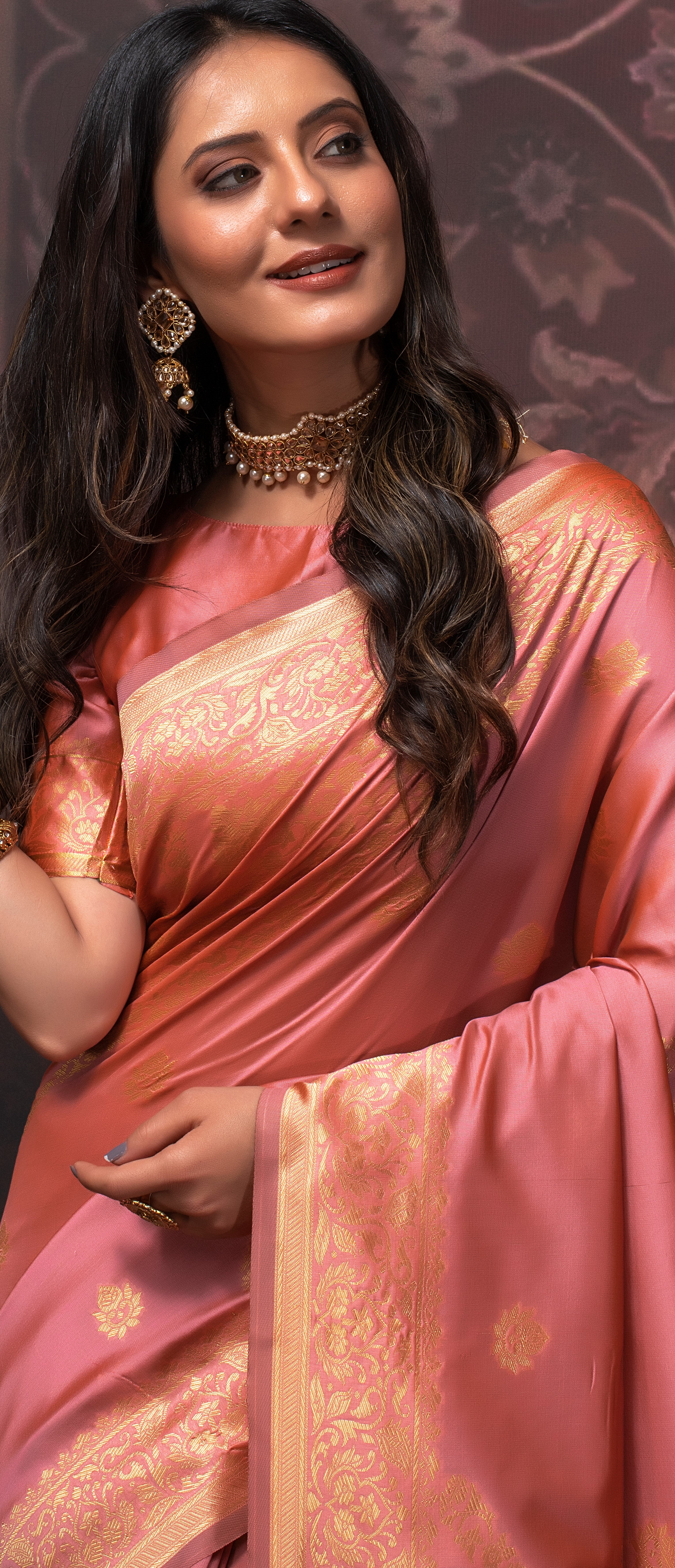 Peach Banarasi Silk Blend Saree with Jacquard Woven Work