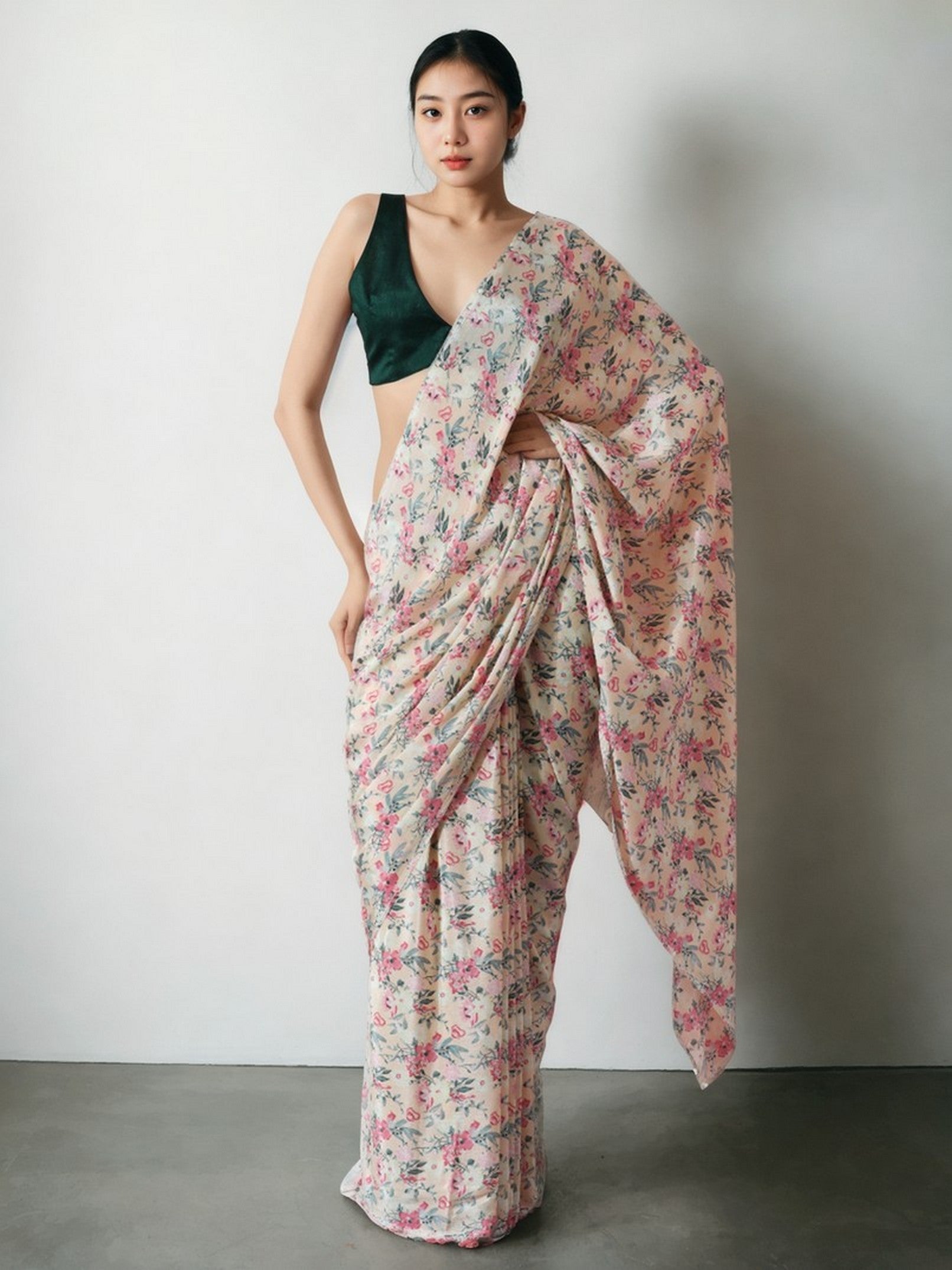 Peach Beautiful Chinon Designer Digital Printed Ready To Wear Ceremonial Saree