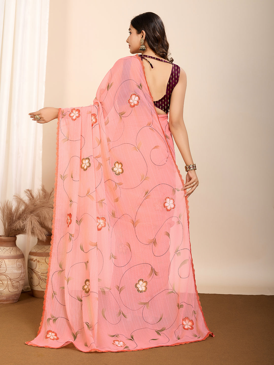 Peach Beautiful Designer Brush And Foil Printed Ceremonial Partywear Saree