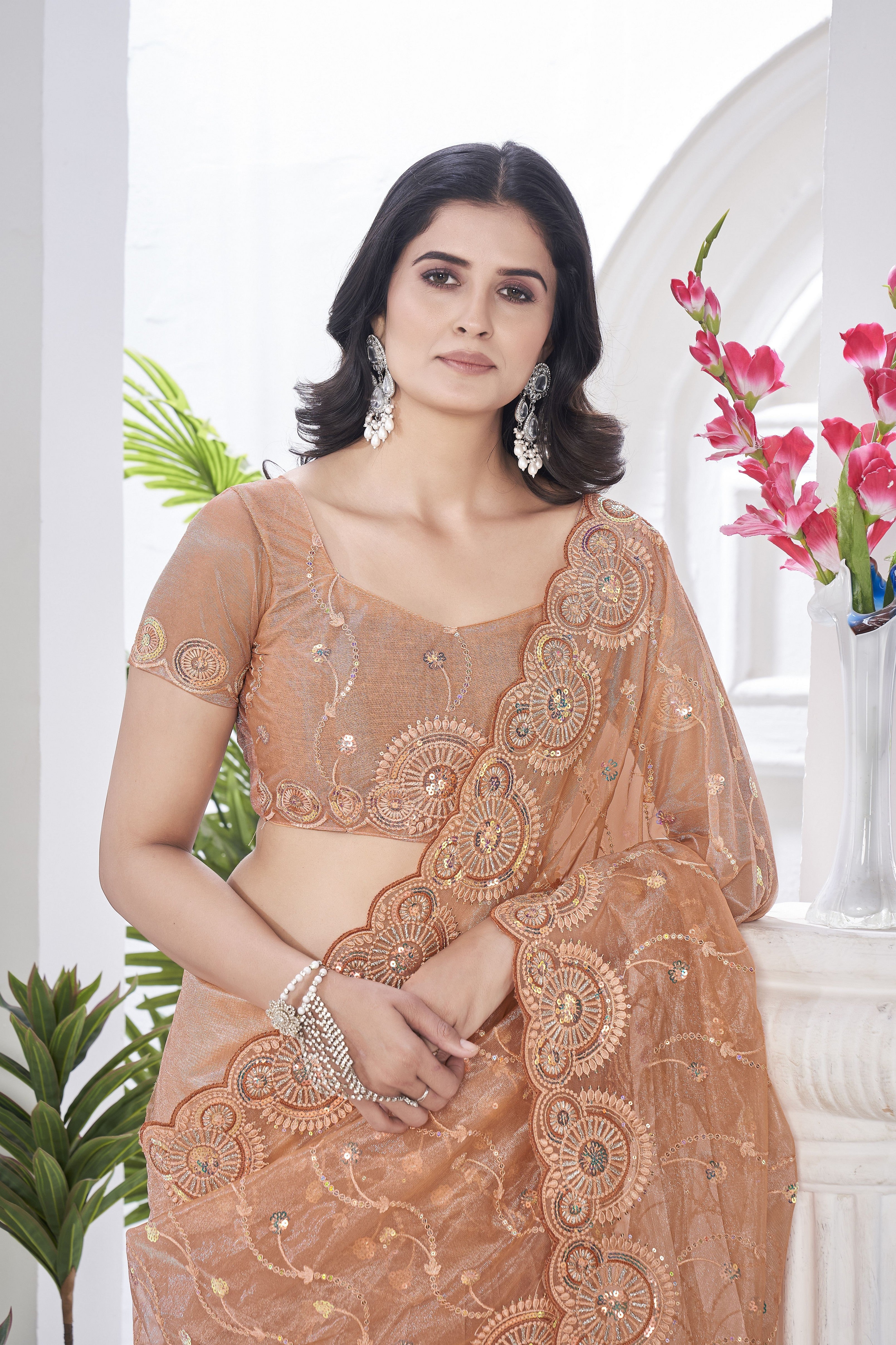 Peach Beautiful Tissue Net Sequins Work Saree