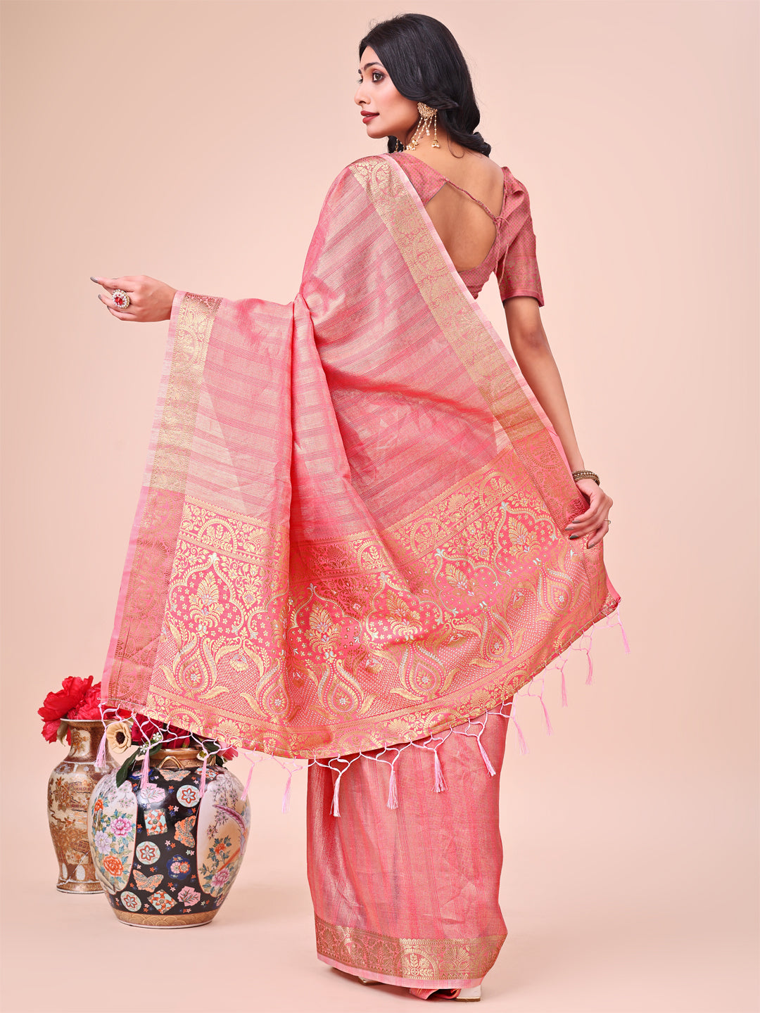 Peach Beautiful Woven Designer Organza Saree