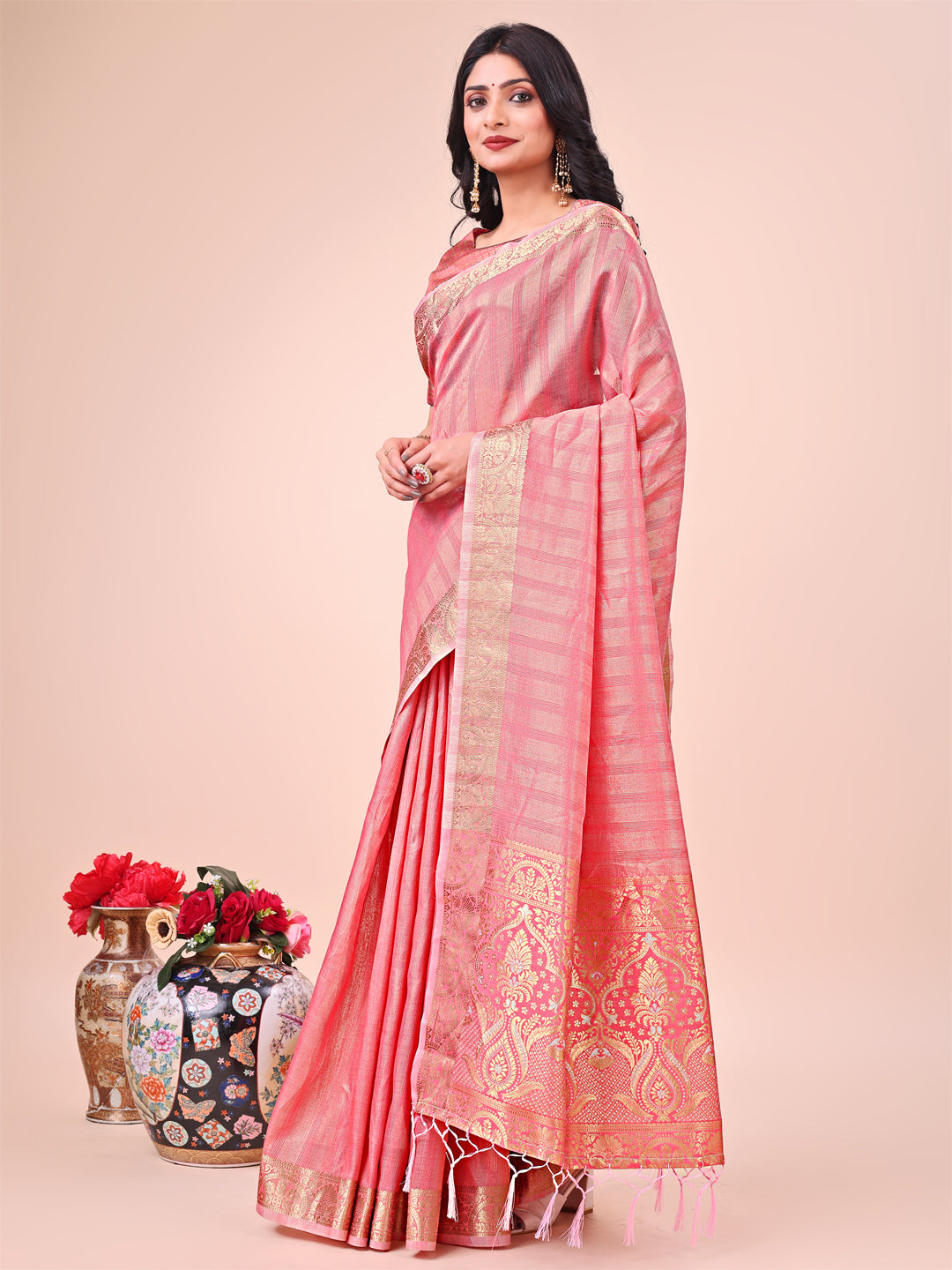 Peach Beautiful Woven Designer Organza Saree