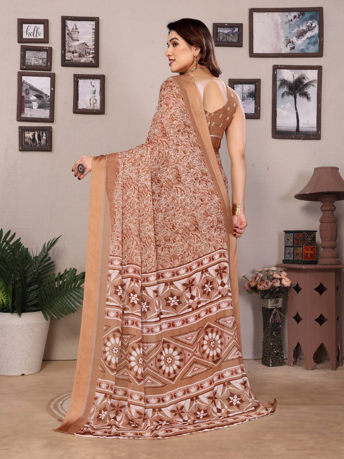 Peach Bright Moss Printed Saree With Zari Work