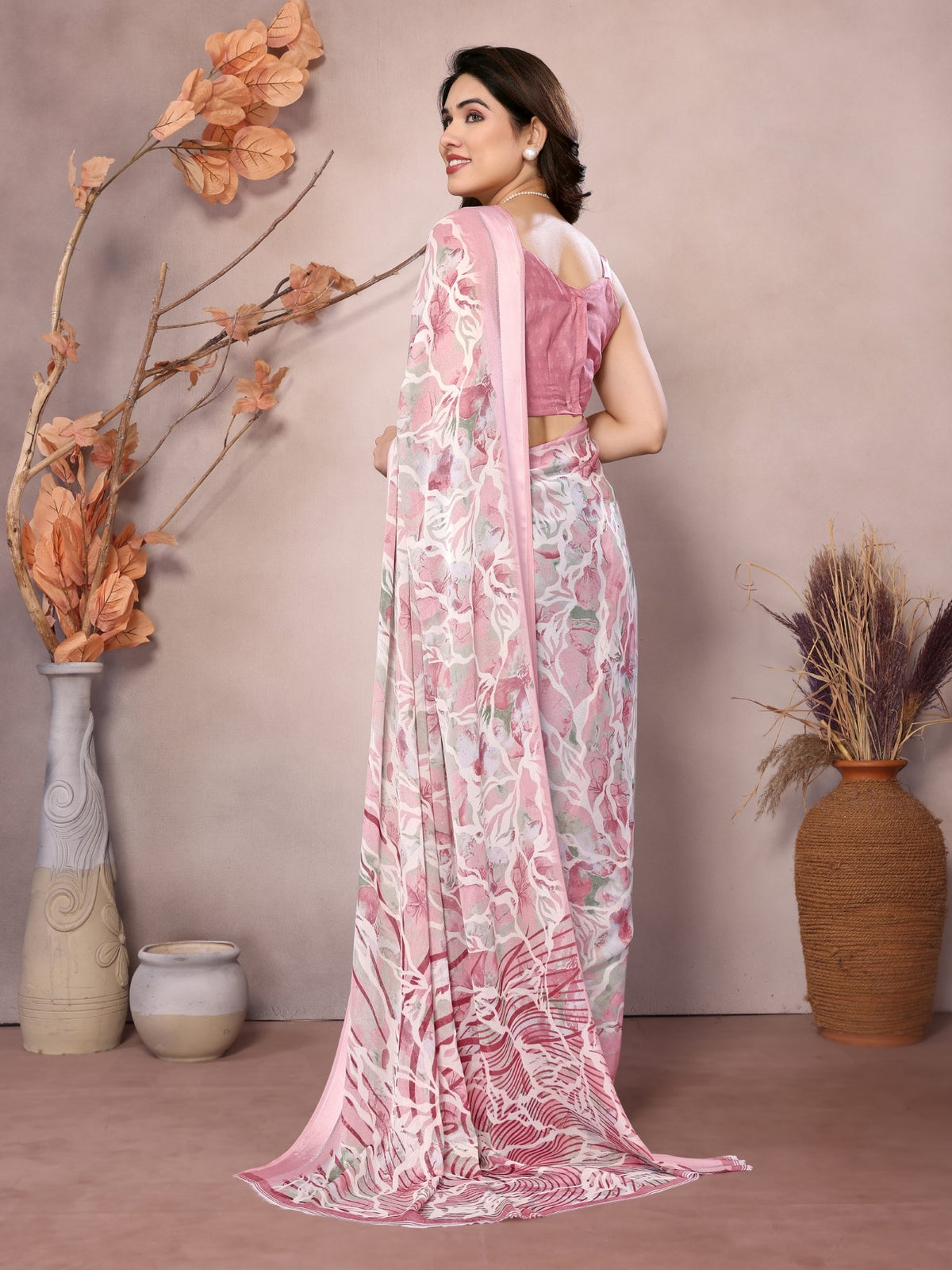 Peach Bright Moss Satin Patta Saree With Printed