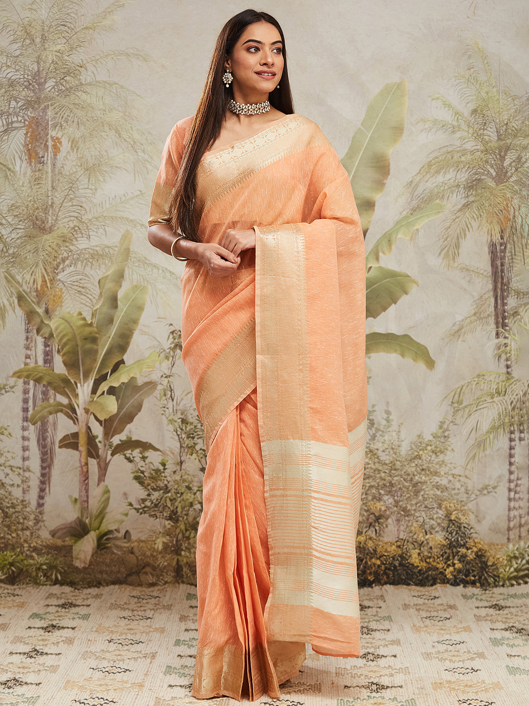 Peach Chanderi Cotton Woven Designer Ethnic Traditional Saree