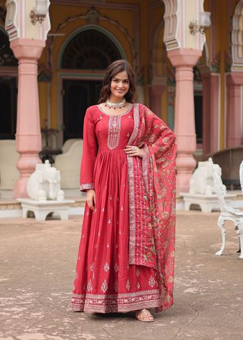 Peach Chinon Suit With Sequins Embroidered work