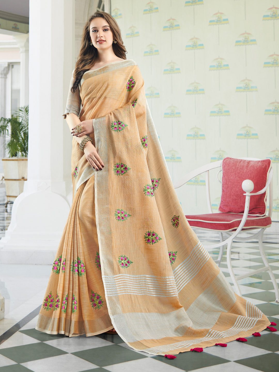 Peach Color Linen Cotton Saree with Jacquard Woven Work