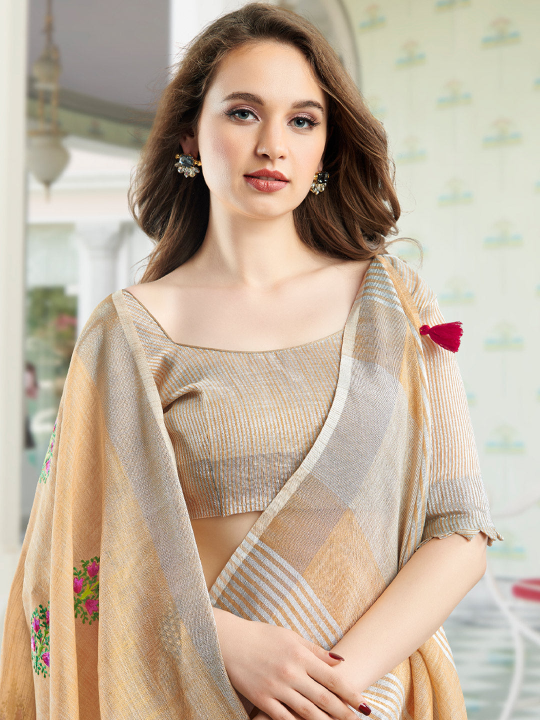 Peach Color Linen Cotton Saree with Jacquard Woven Work