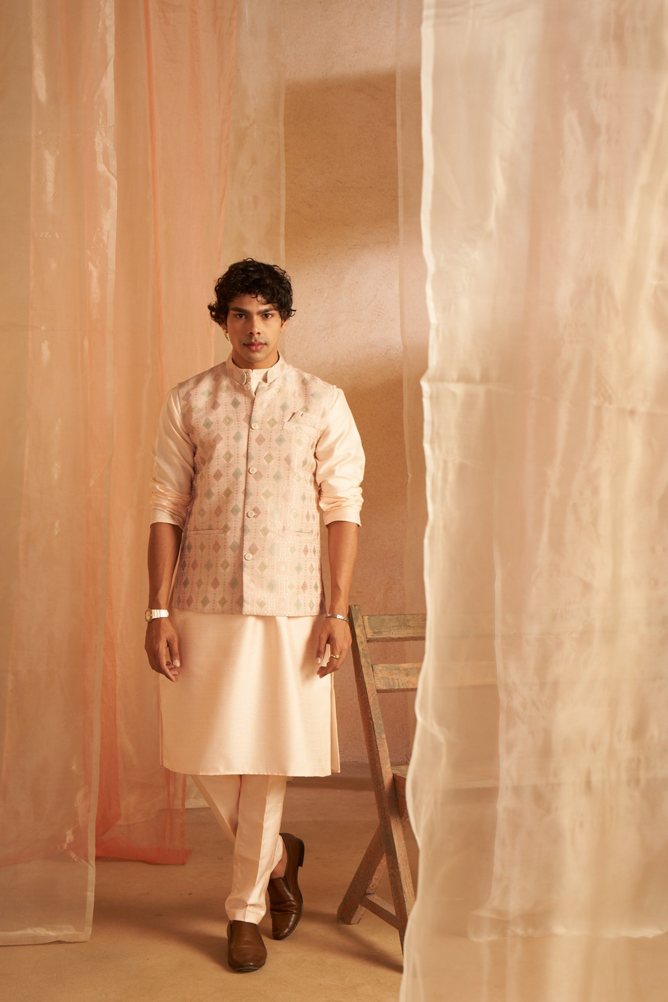 Peach Color Printed Ethnic Jacket for Ceremonial and Festive Wear