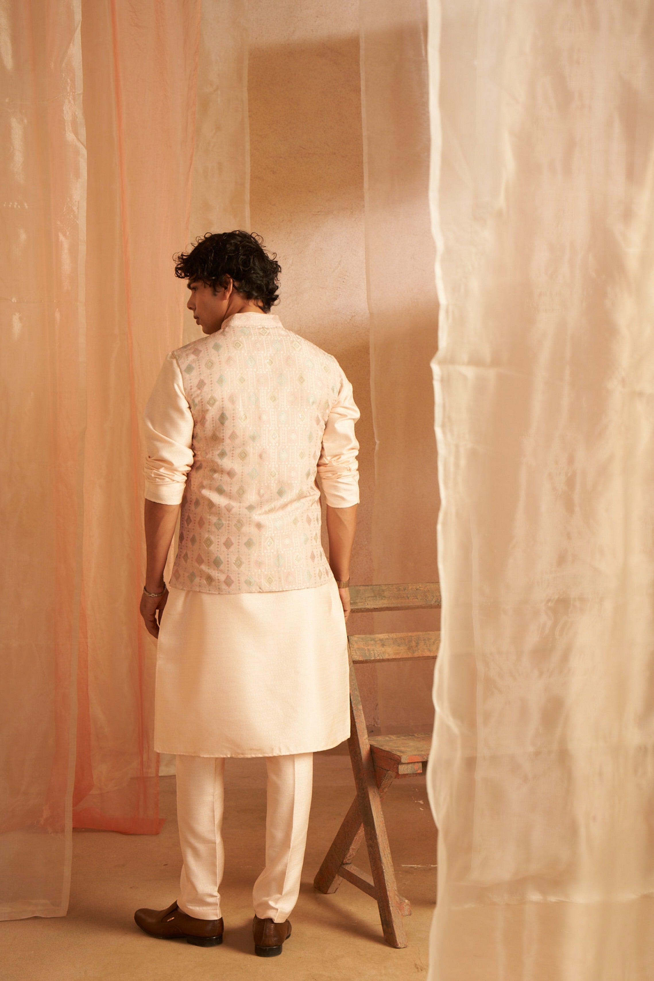 Peach Color Printed Ethnic Jacket for Ceremonial and Festive Wear