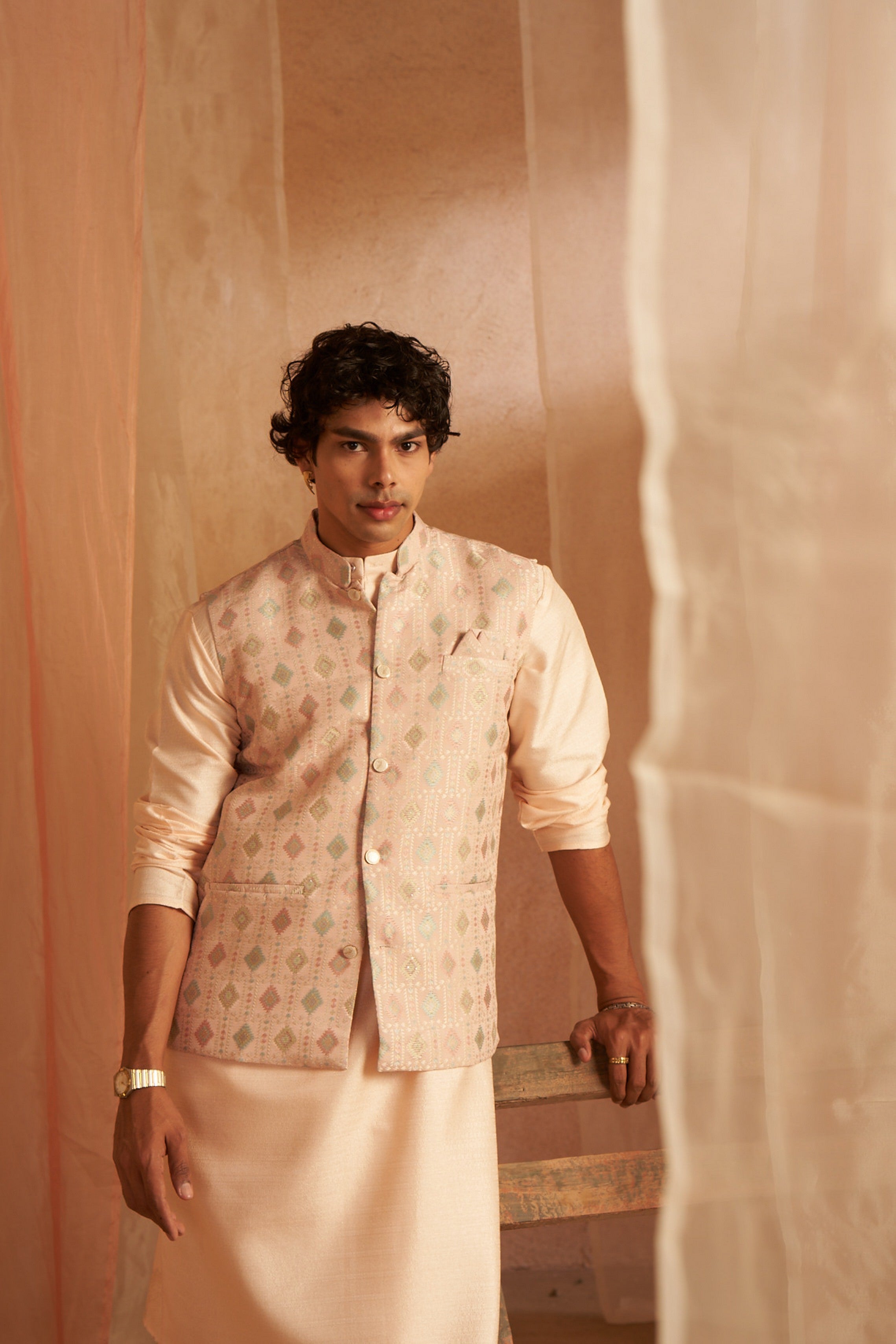 Peach Color Printed Ethnic Jacket for Ceremonial and Festive Wear