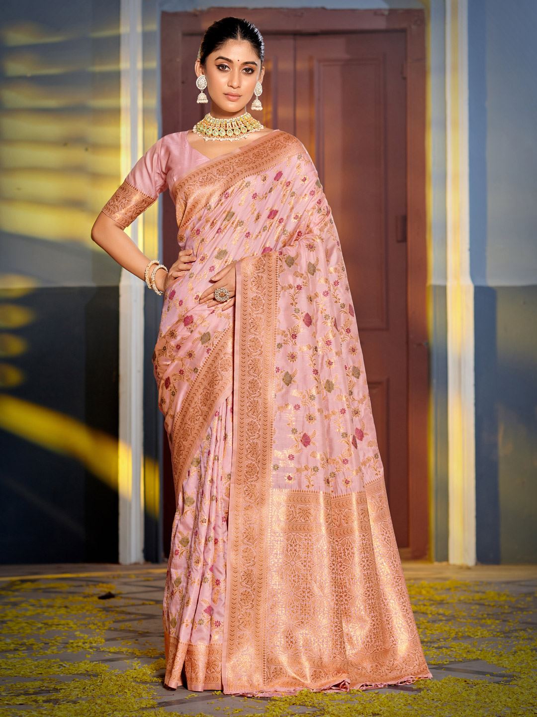Peach Color Woven Design Banarasi Silk Saree