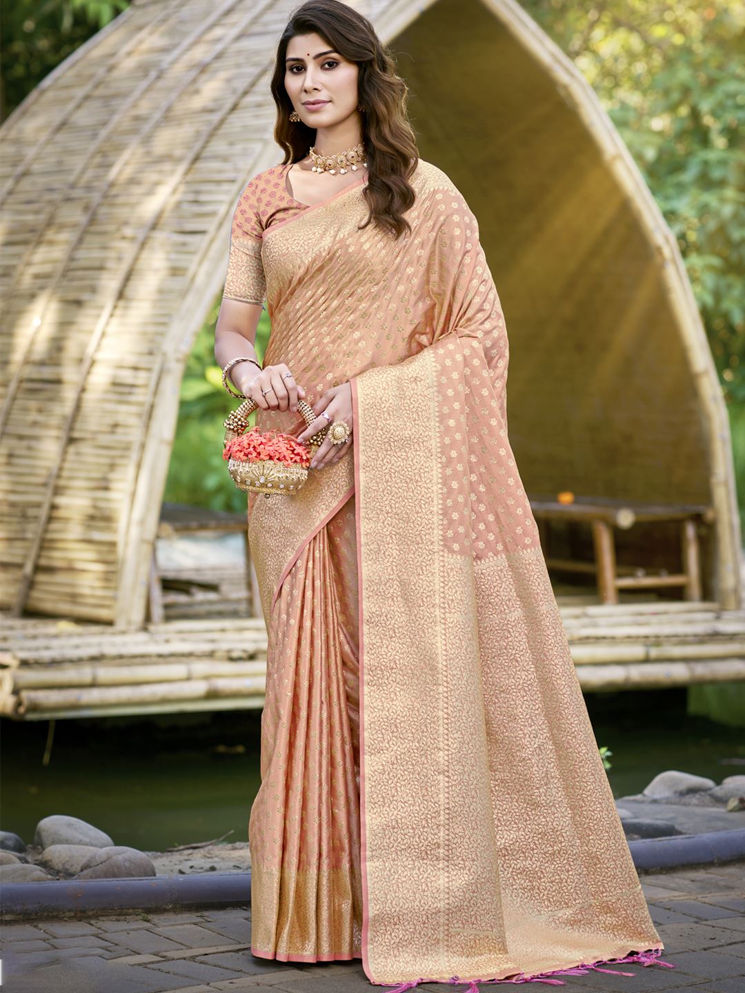 Peach Color Woven Soft Silk Saree
