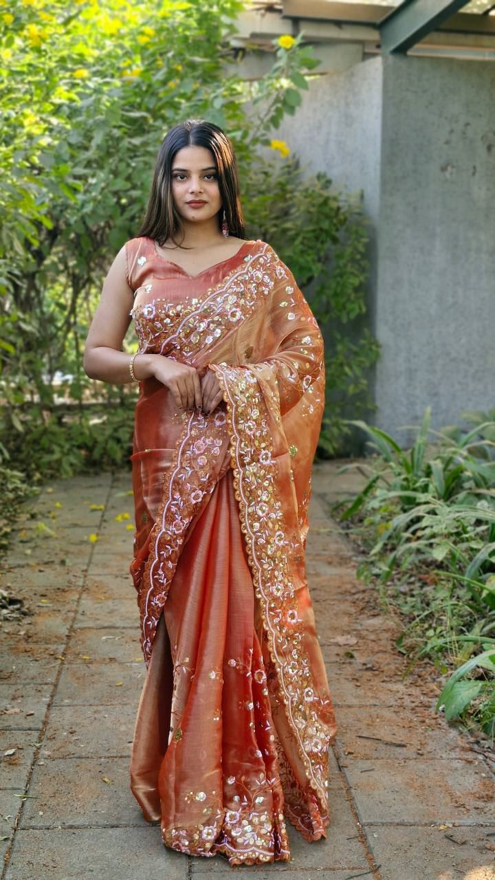 Peach Colour Burbary Silk Embroidery Work Saree